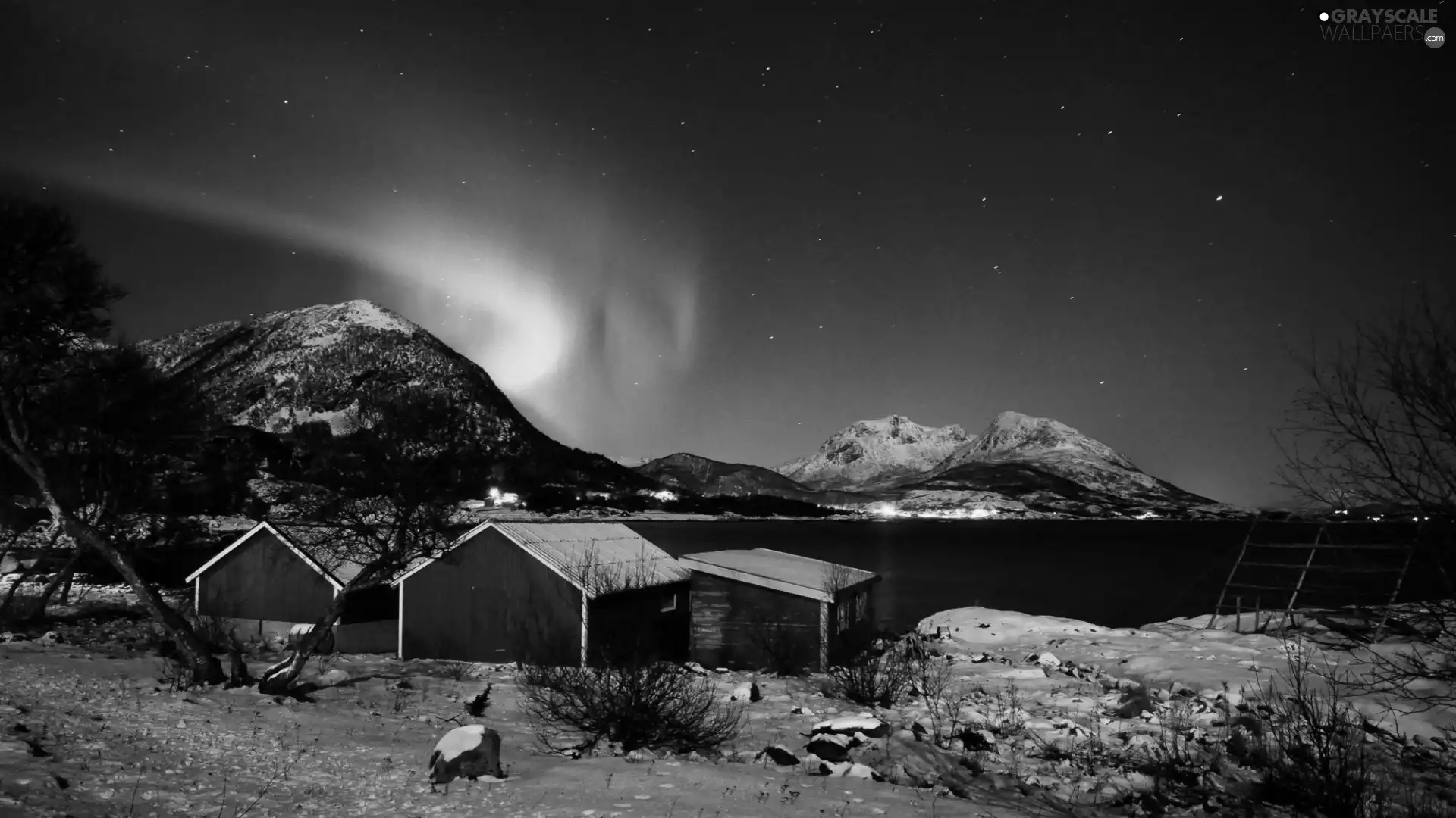 house, winter, Polaris, Mountains, dawn