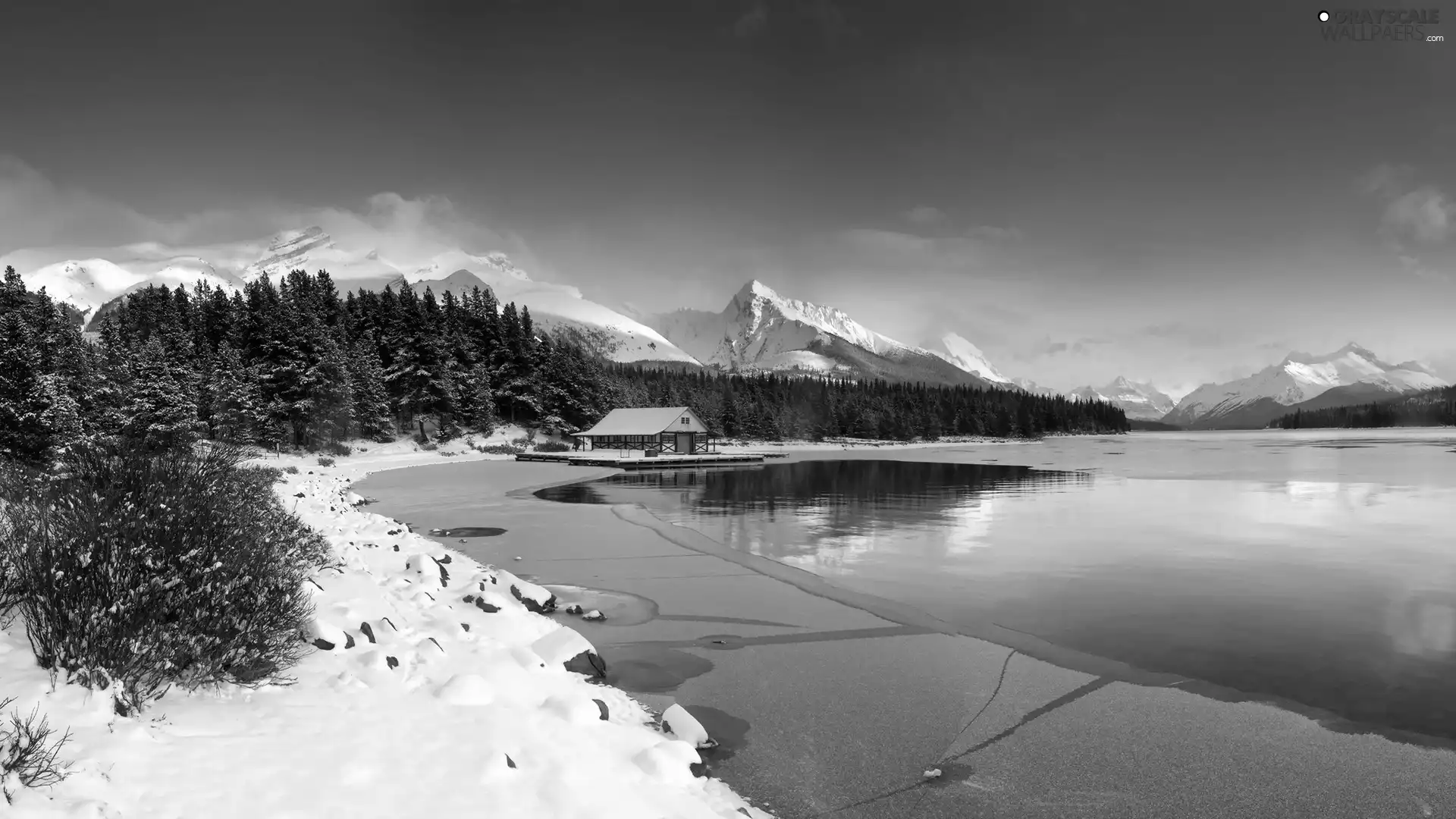 house, winter, Mountains, woods, lake