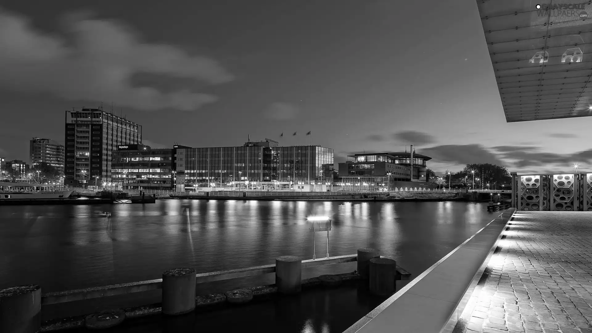 River, City at Night, Houses