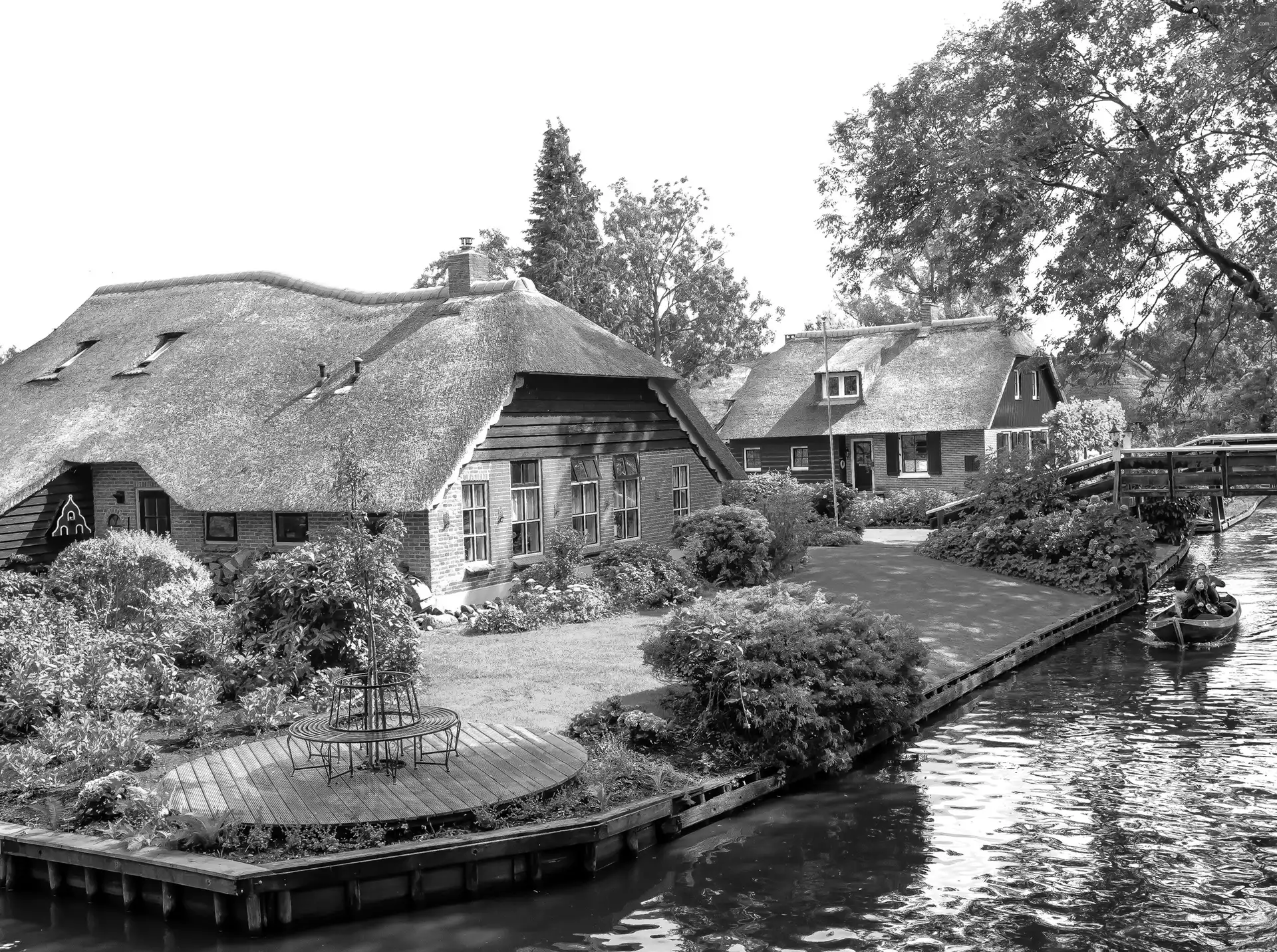 Houses, River, Boat