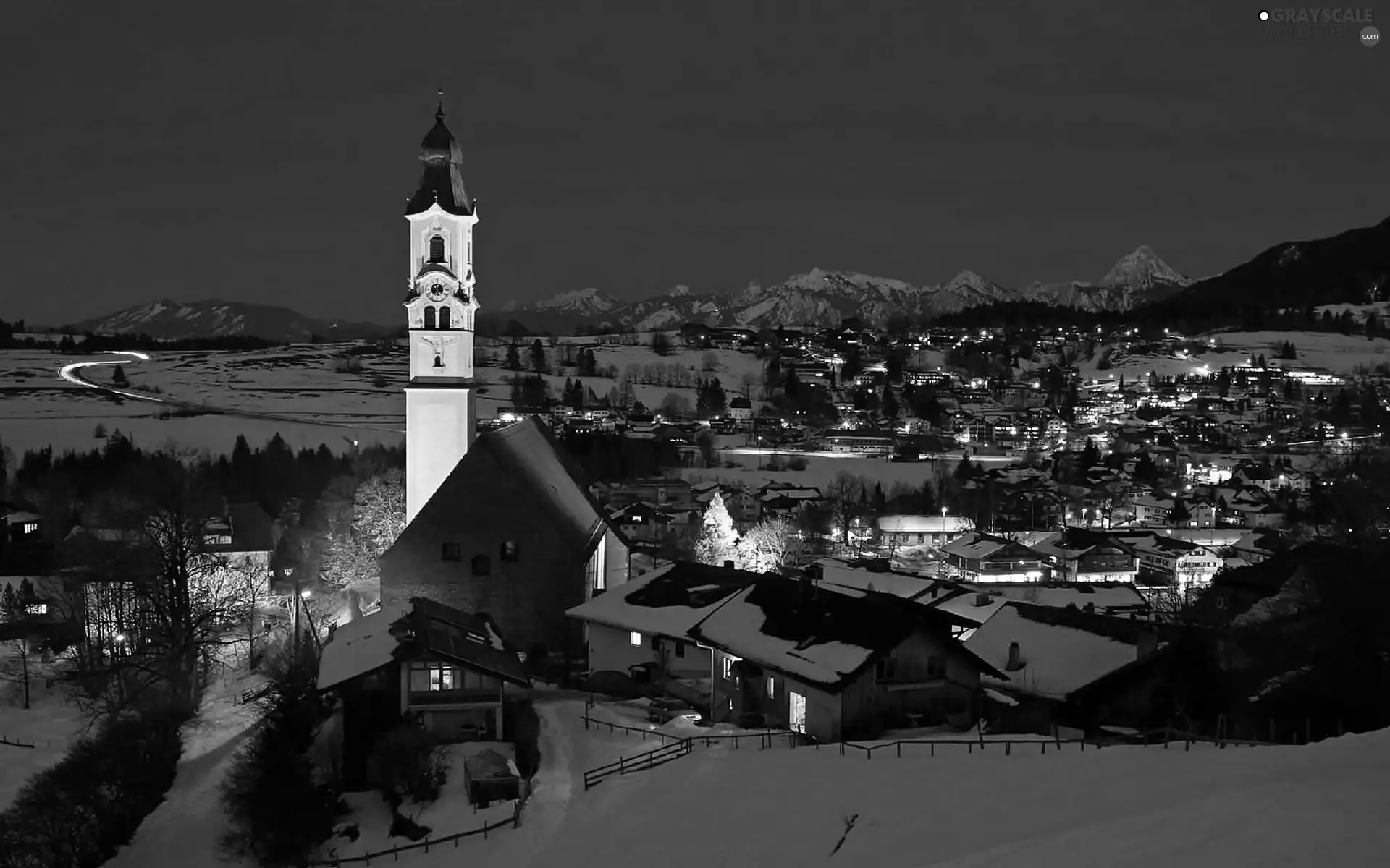 towns, mountains, Floodlit, panorama, winter, Houses, Church