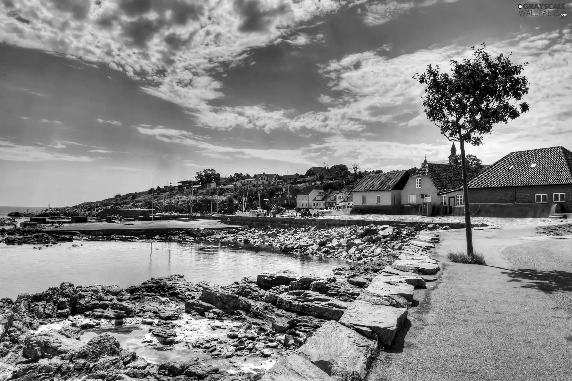 Houses, clouds, stony, Coast, sea