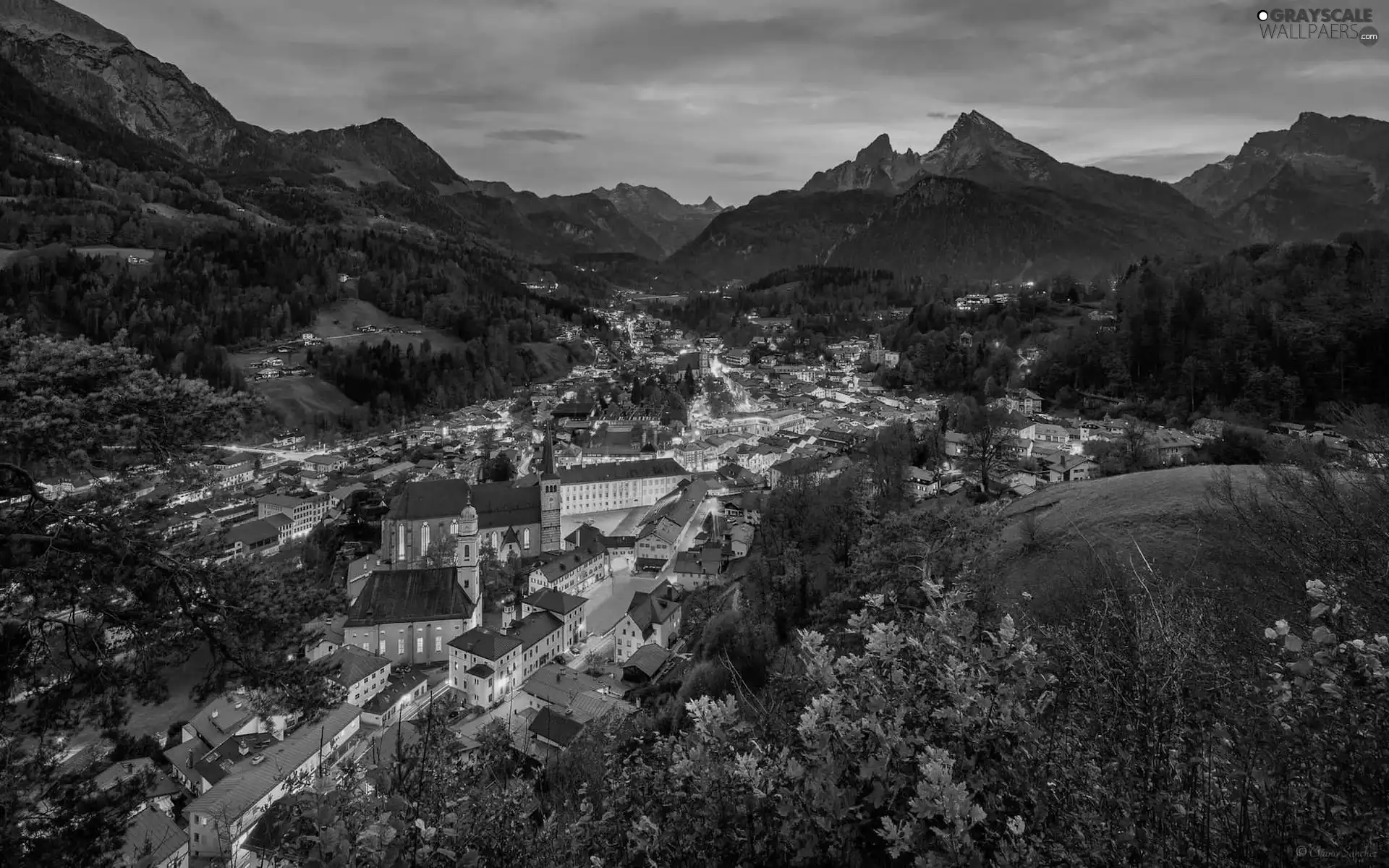Mountains, Town, Dusk, Berchtesgaden, Church, Bavaria, Germany, Houses