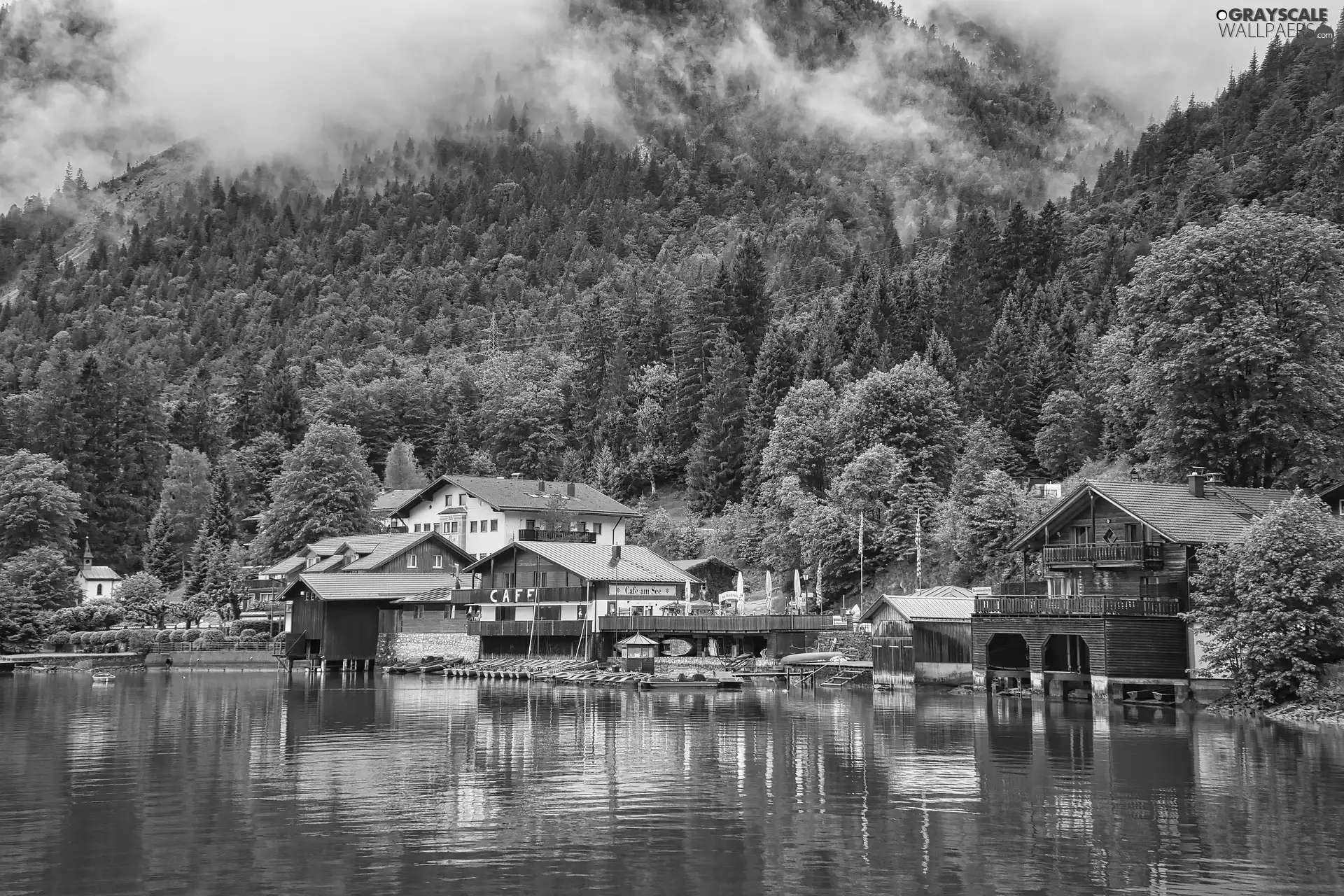 Houses, Walchensee Lake, forest, trees, Bavaria, Germany, Mountains, Fog, viewes
