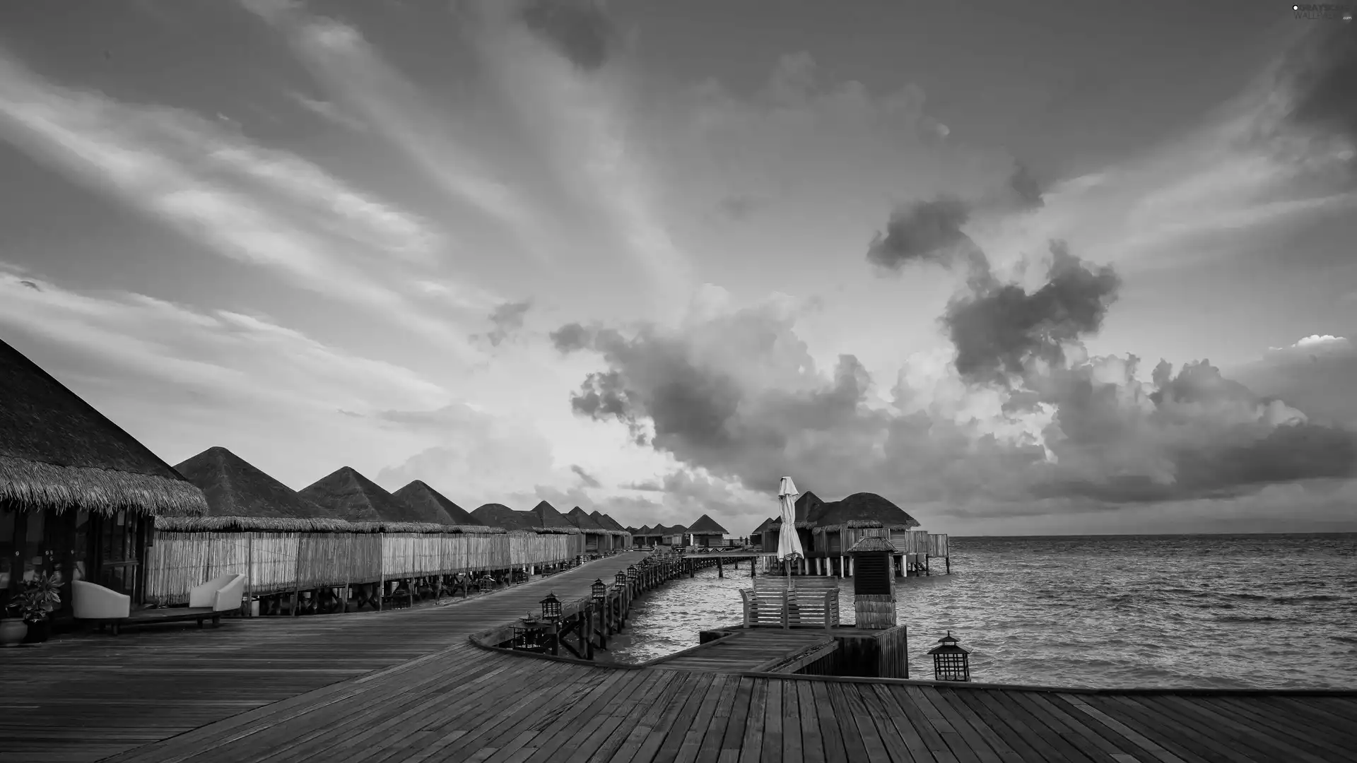 Houses, Hotel hall, sea, pier, summer