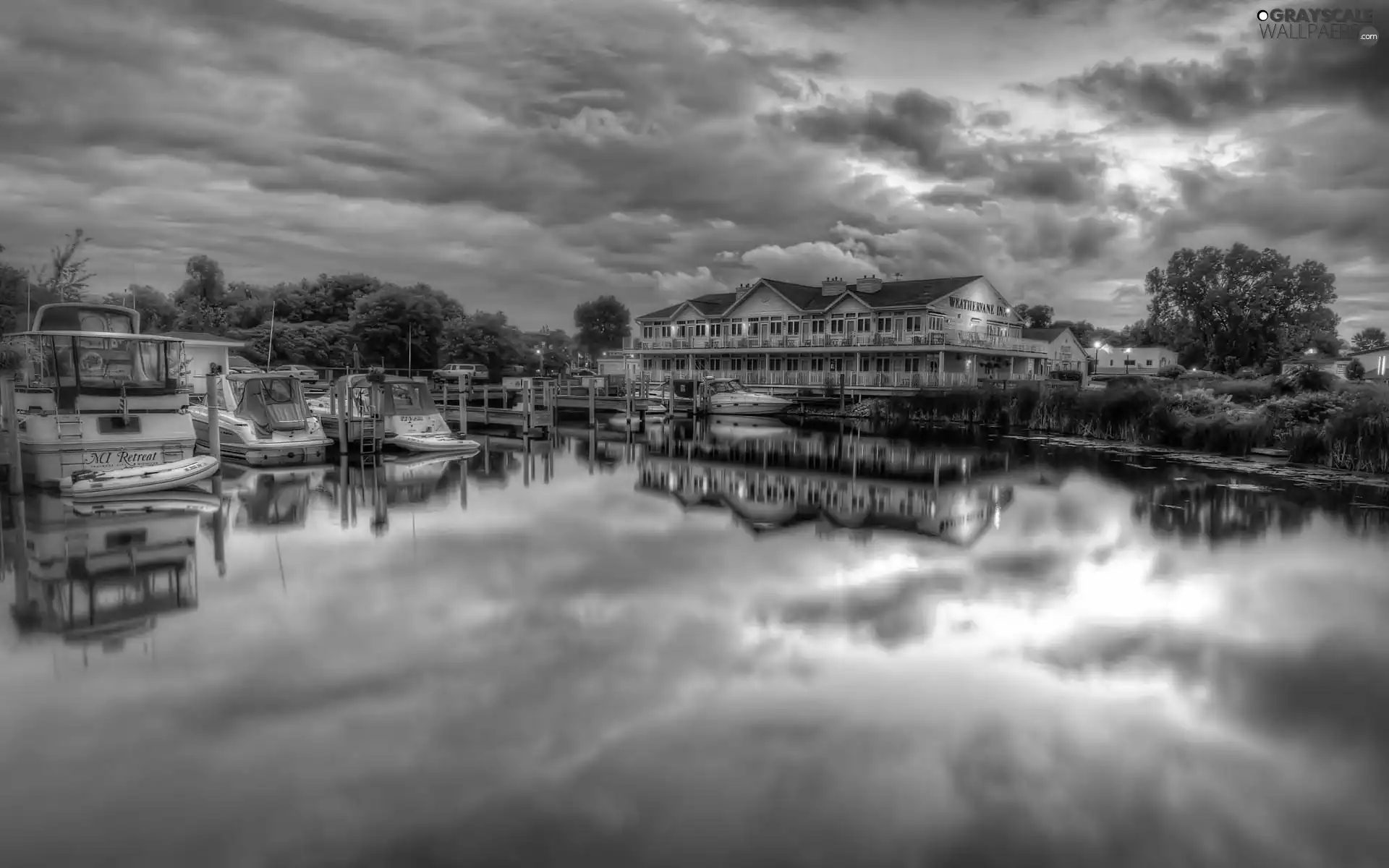 lake, motorboat, Houses, Harbour