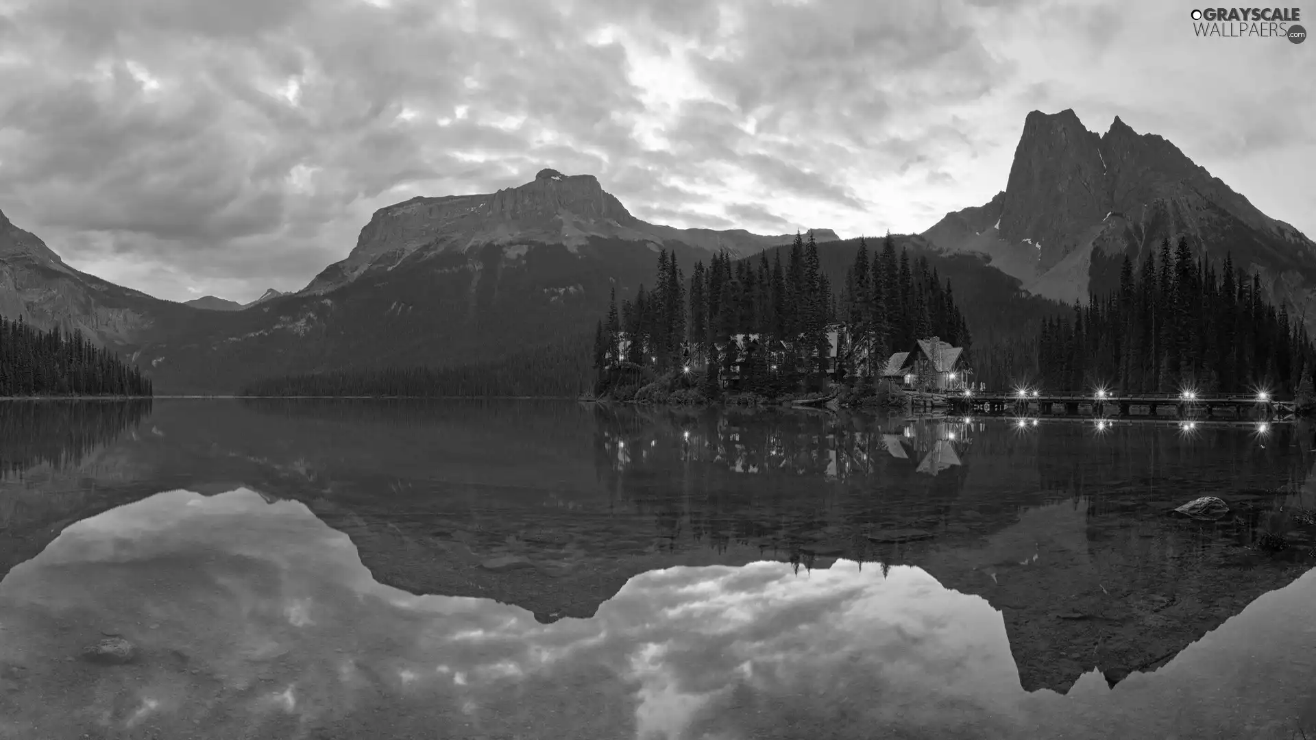 Houses, light, lake, forest, Mountains