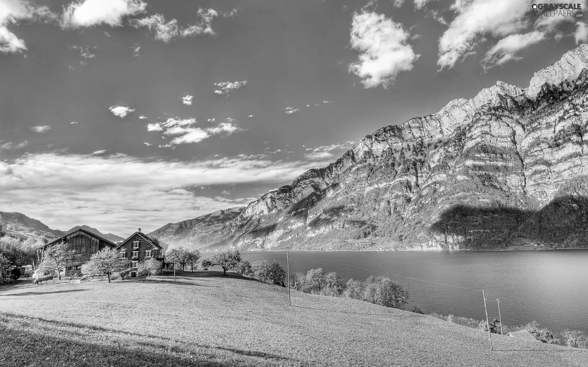 Mountains, lake, Houses, Sky