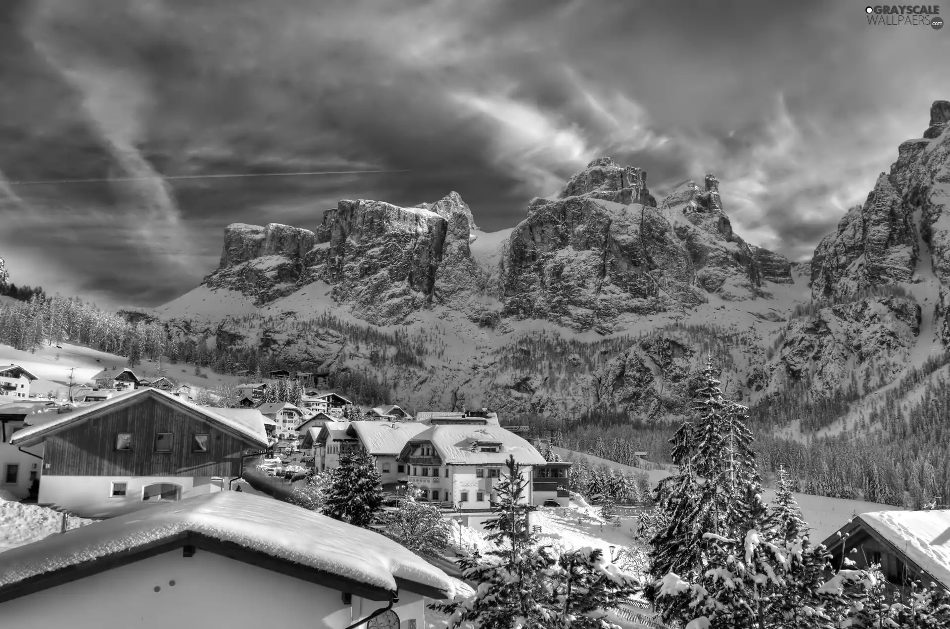 Houses, winter, Mountains