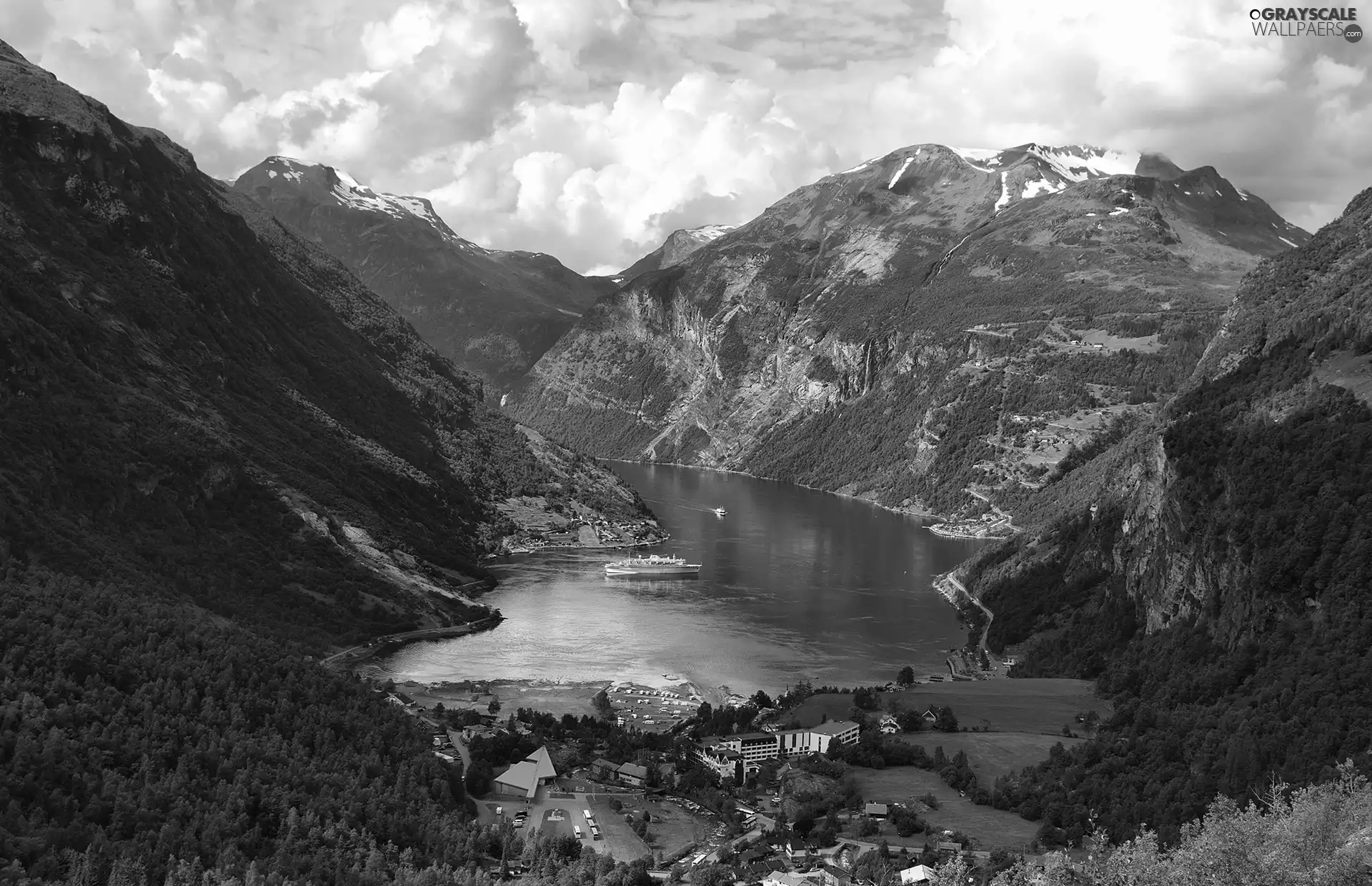 Mountains, woods, Houses, River