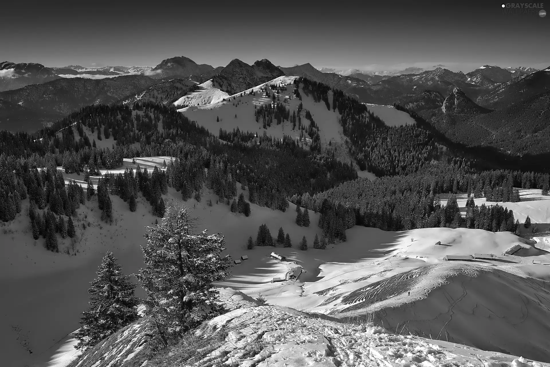 Mountains, woods, Houses, winter