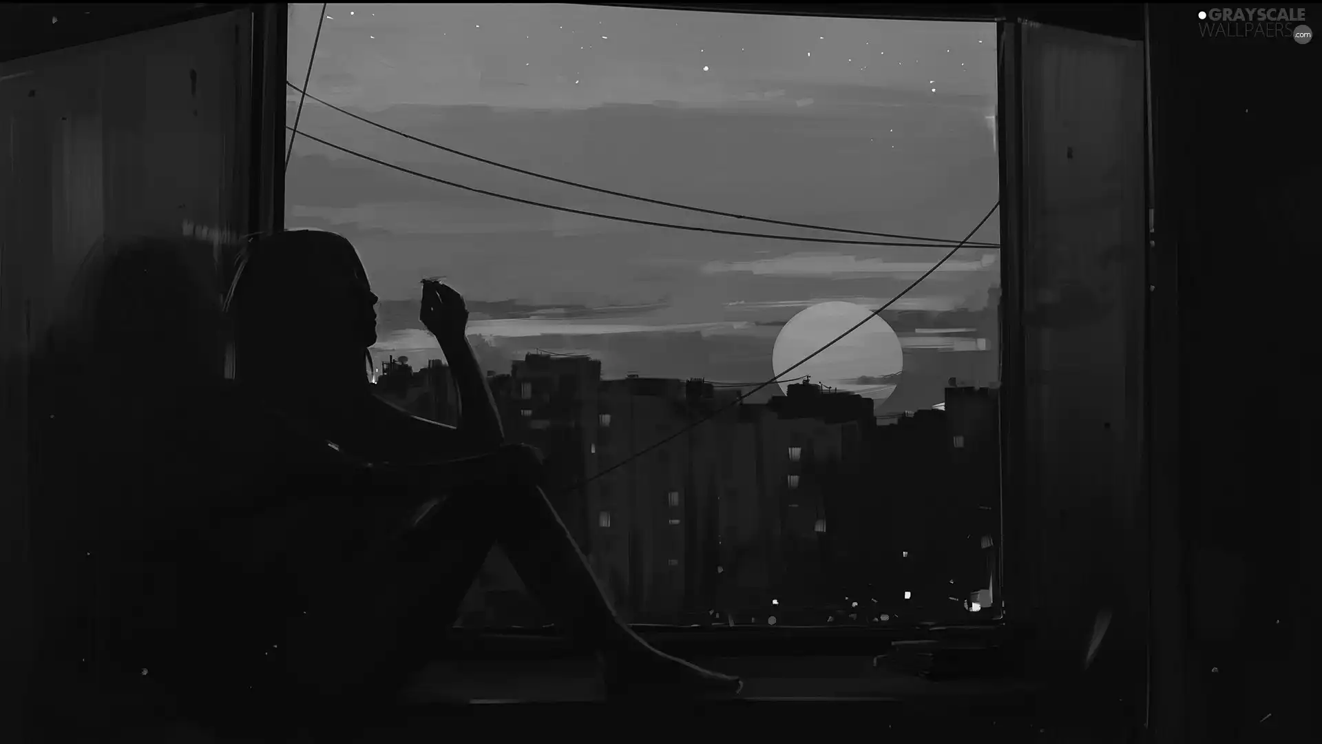 Cigarette, Window, moon, girl, Paintography, Houses, Night