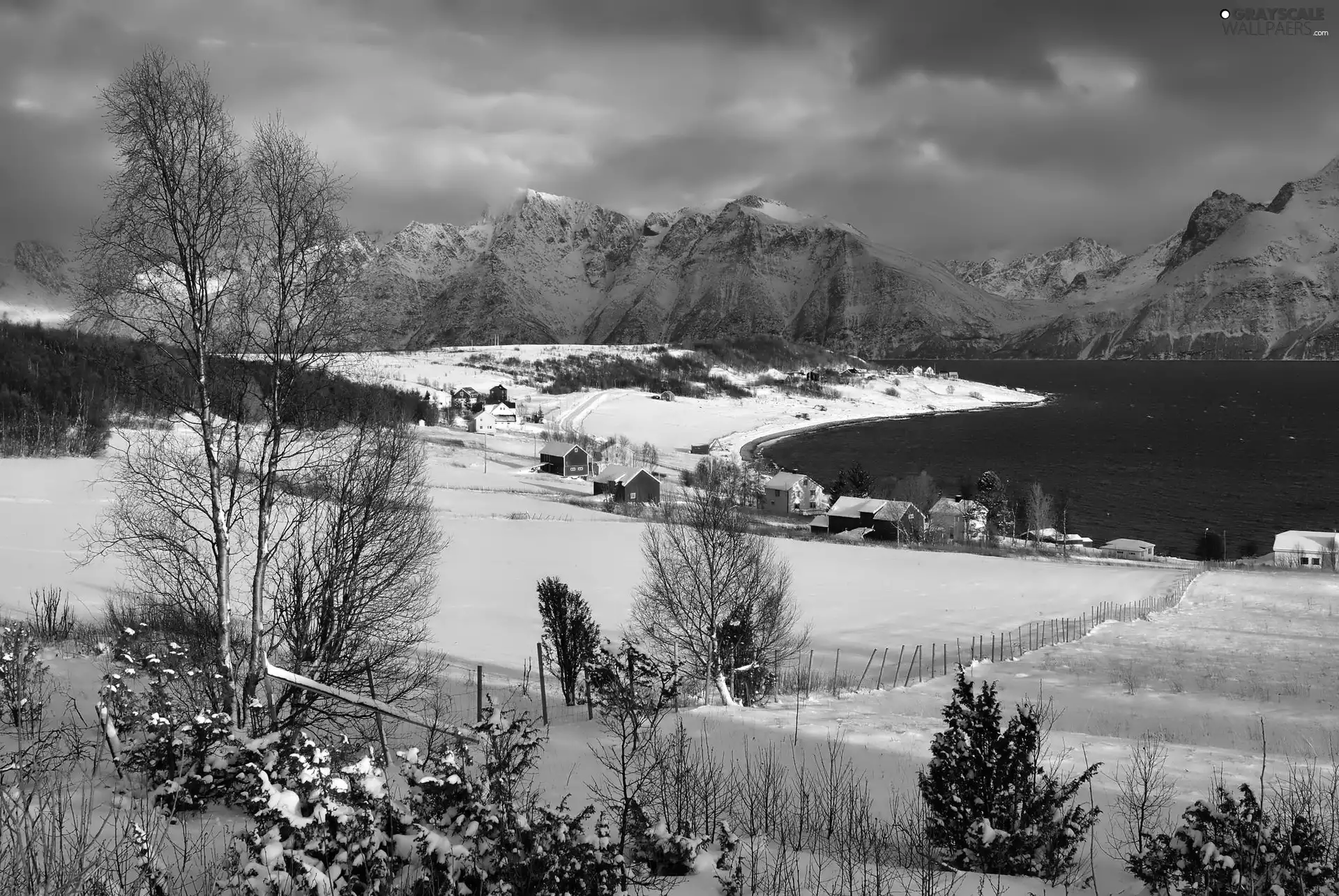 Houses, Norway, Mountains, Red, winter