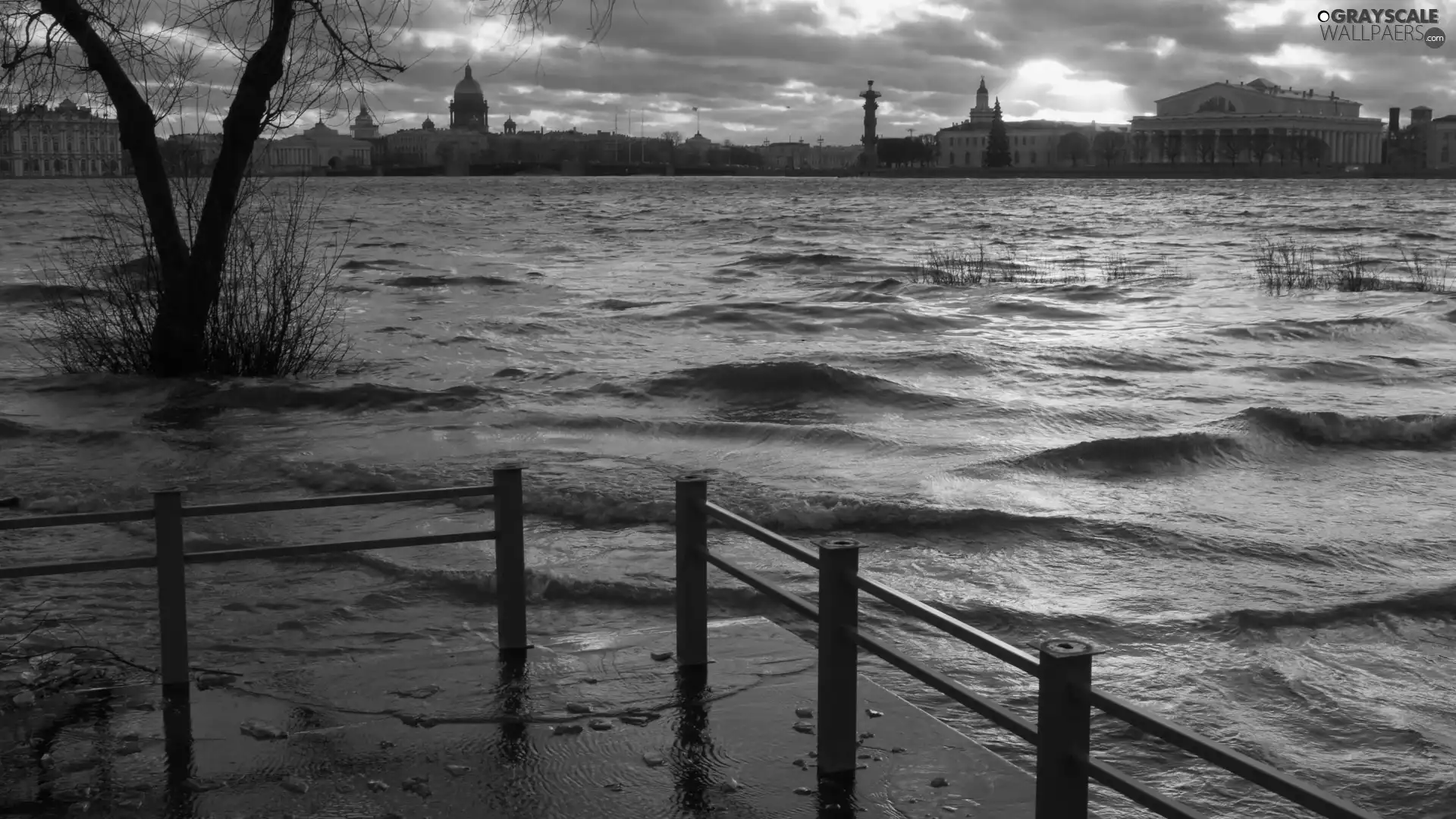 Houses, Palaces, lake, pier, rough