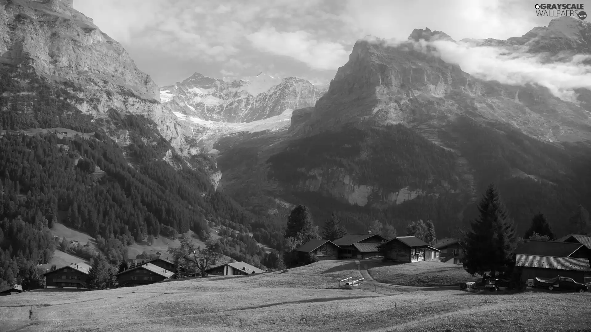 Valley, Mountains, viewes, Houses, trees, peaks