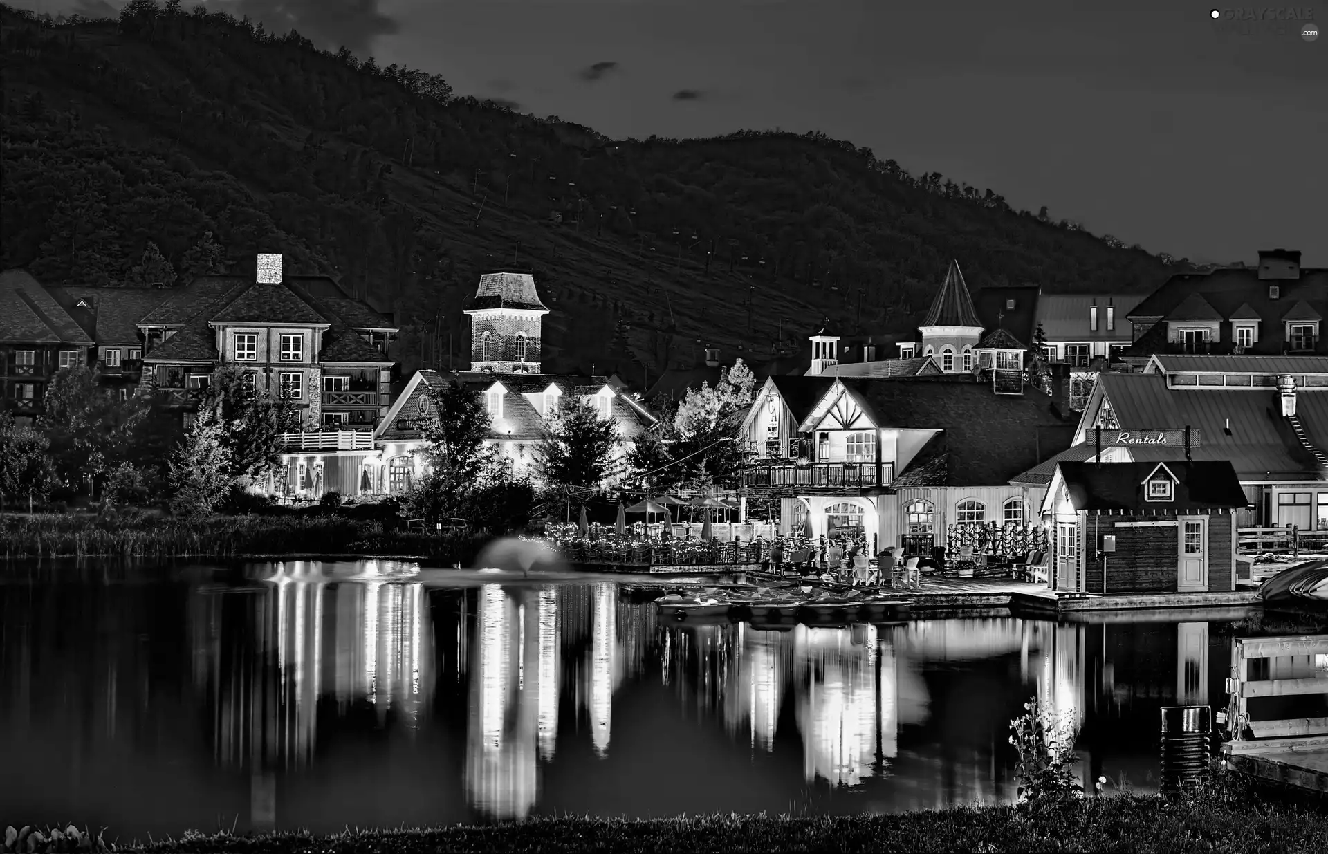 evening, Mountains, Houses, reflection, illuminated, lake