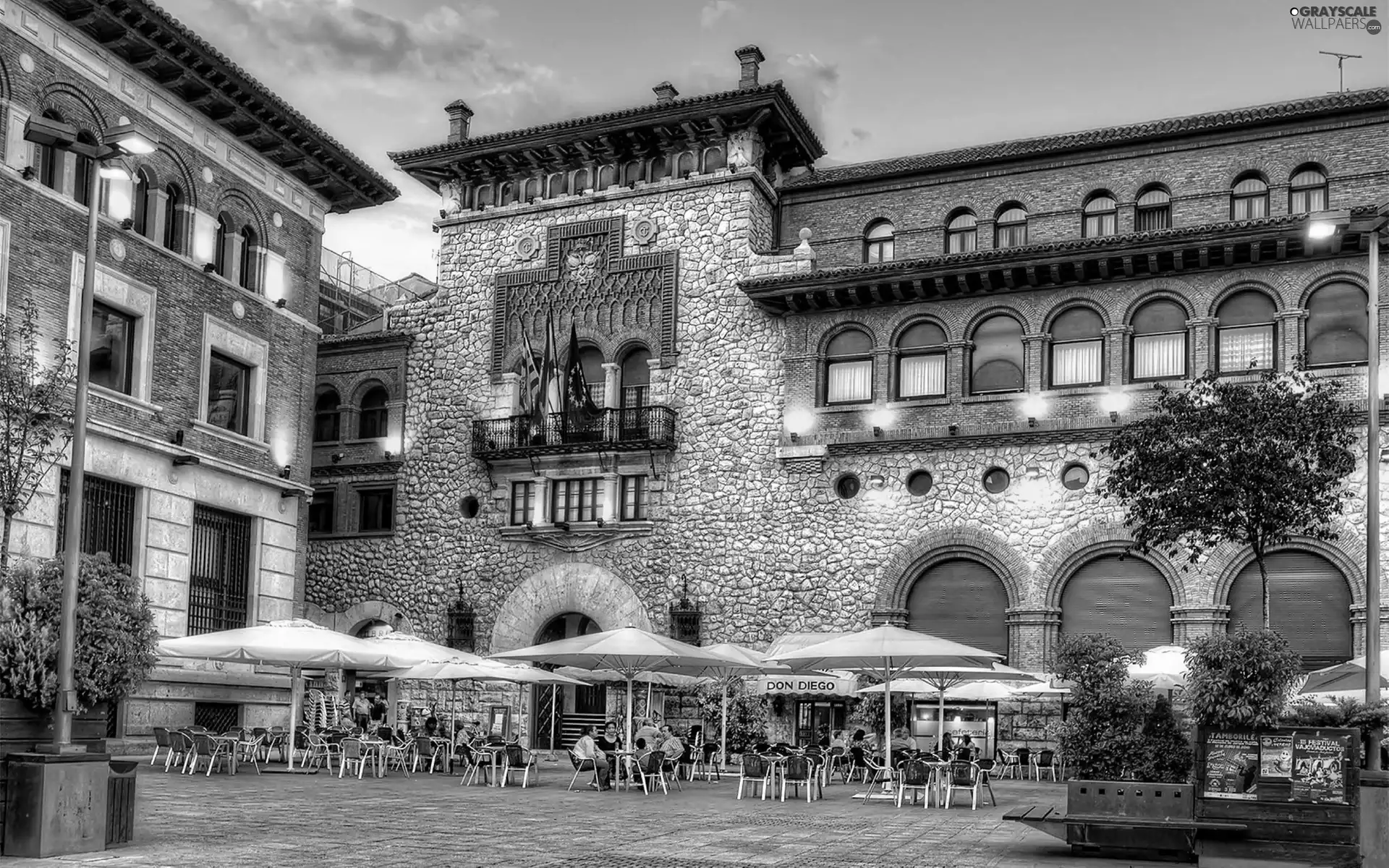 Houses, Restaurant, fragment, towns, evening