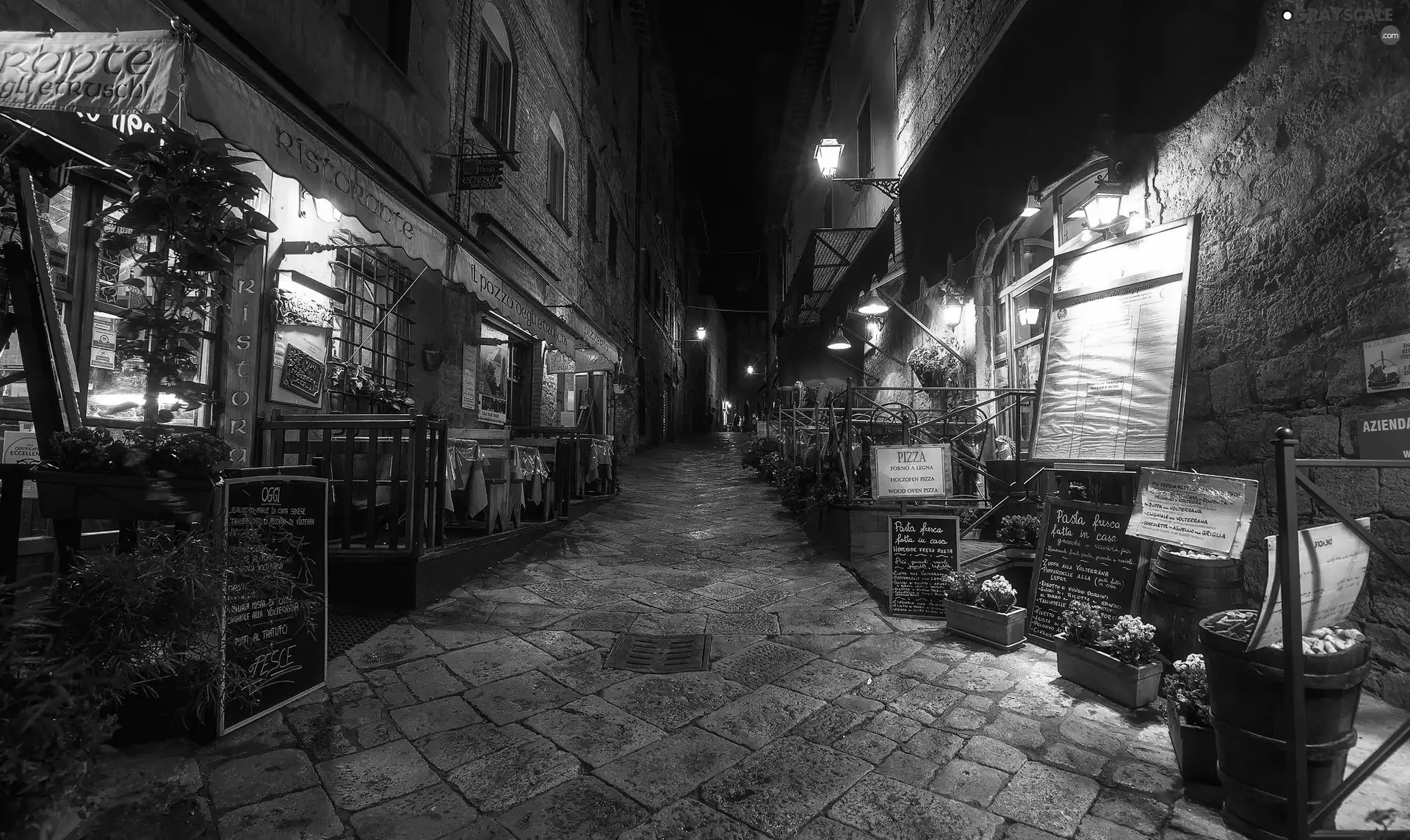 illuminated, Italy, Houses, Restaurants, alley, Tuscany