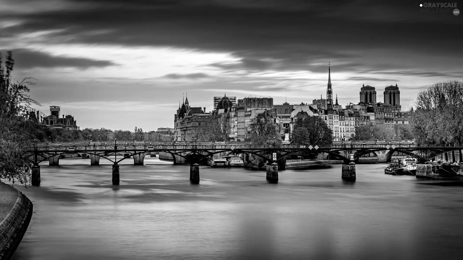 Houses, trees, France, viewes, Paris, bridge, River Seine, clouds