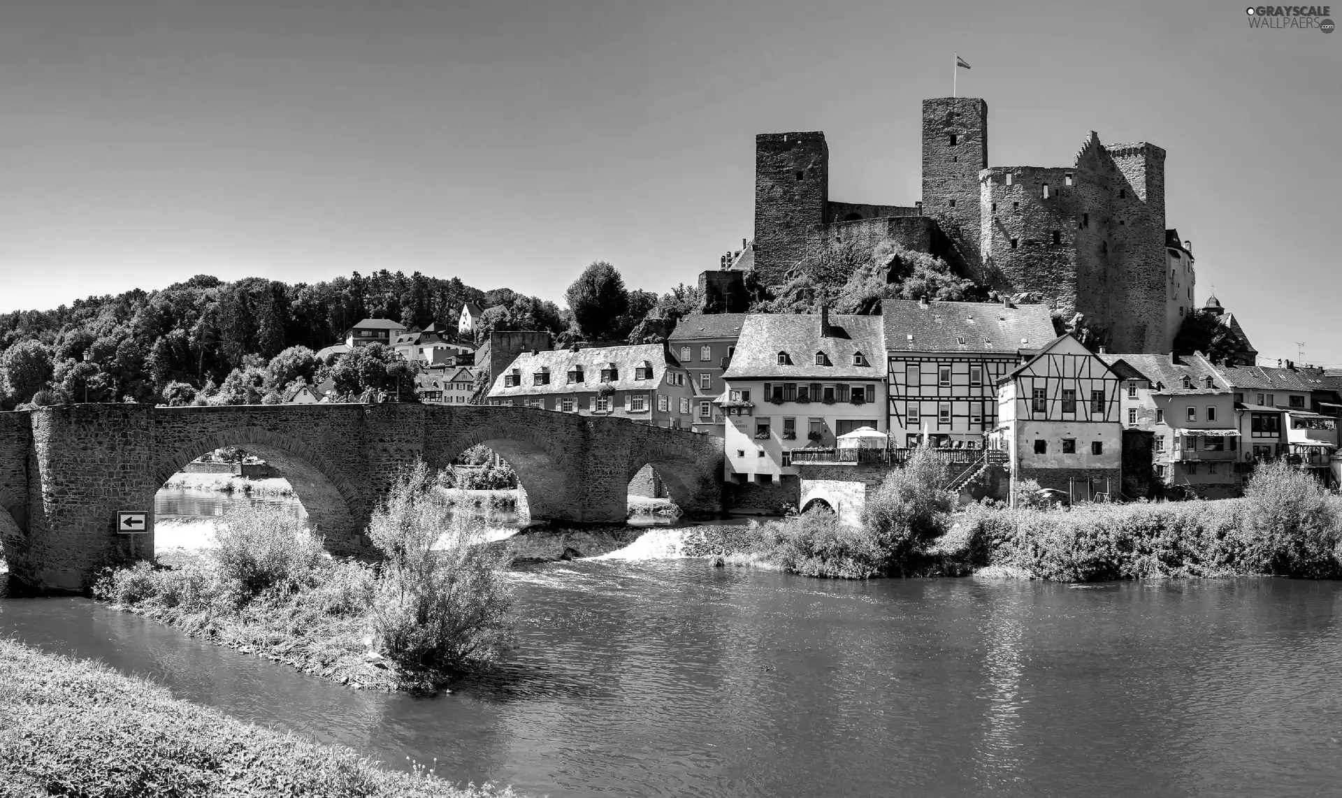 River, Castle, Houses, bridge