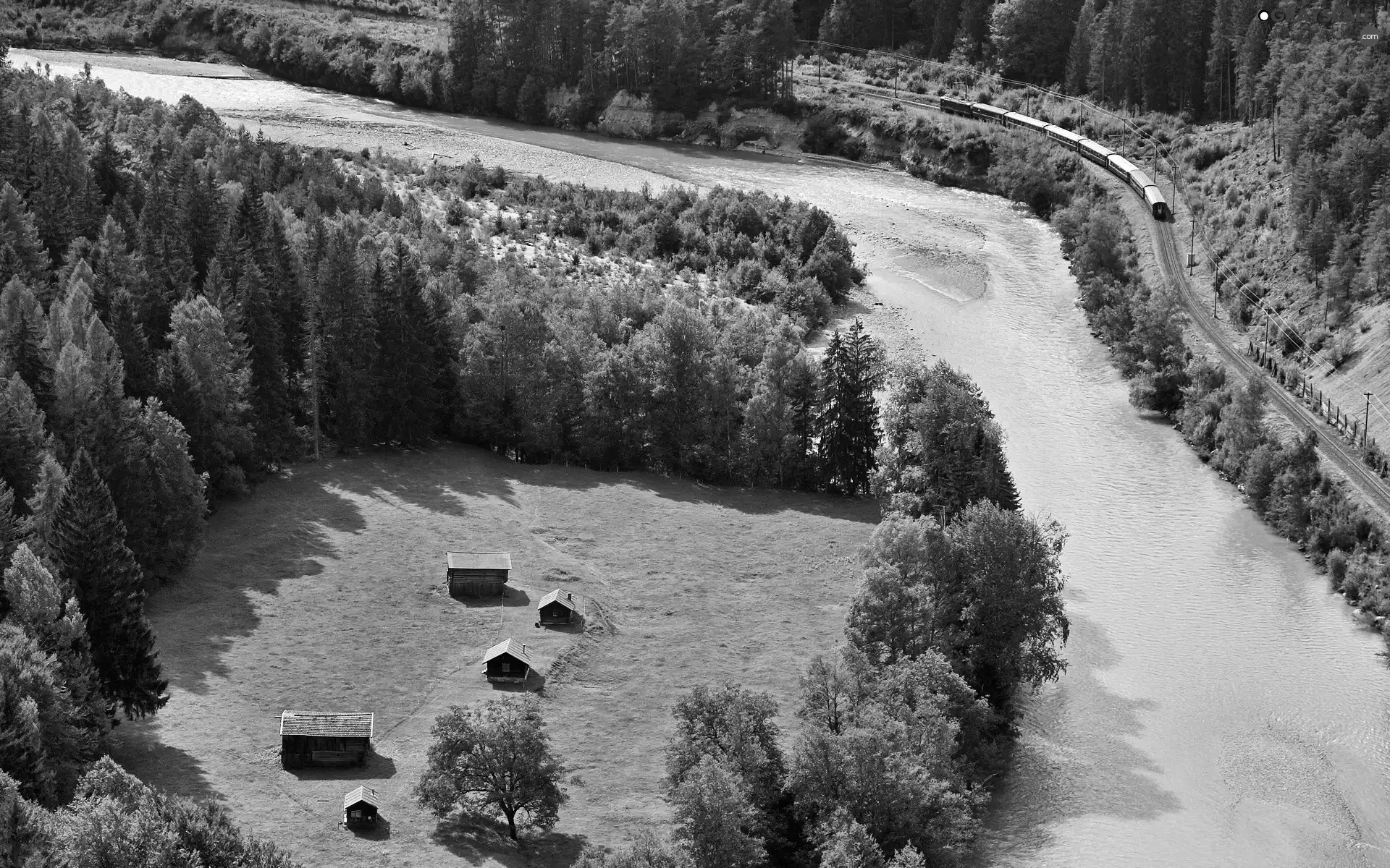 River, Meadow, Houses, woods