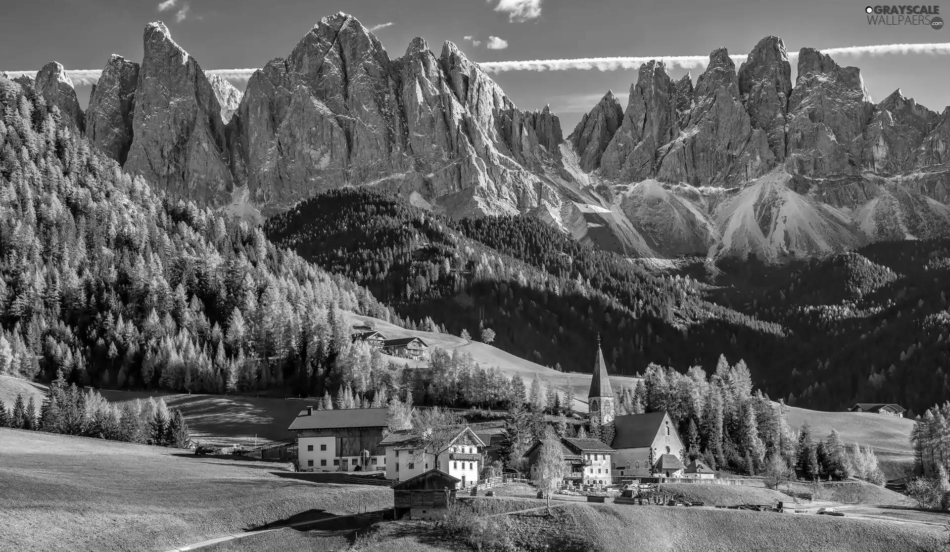 trees, Val di Funes Valley, Dolomites, Houses, Mountains, Italy, Village of Santa Maddalena, Church, viewes, woods