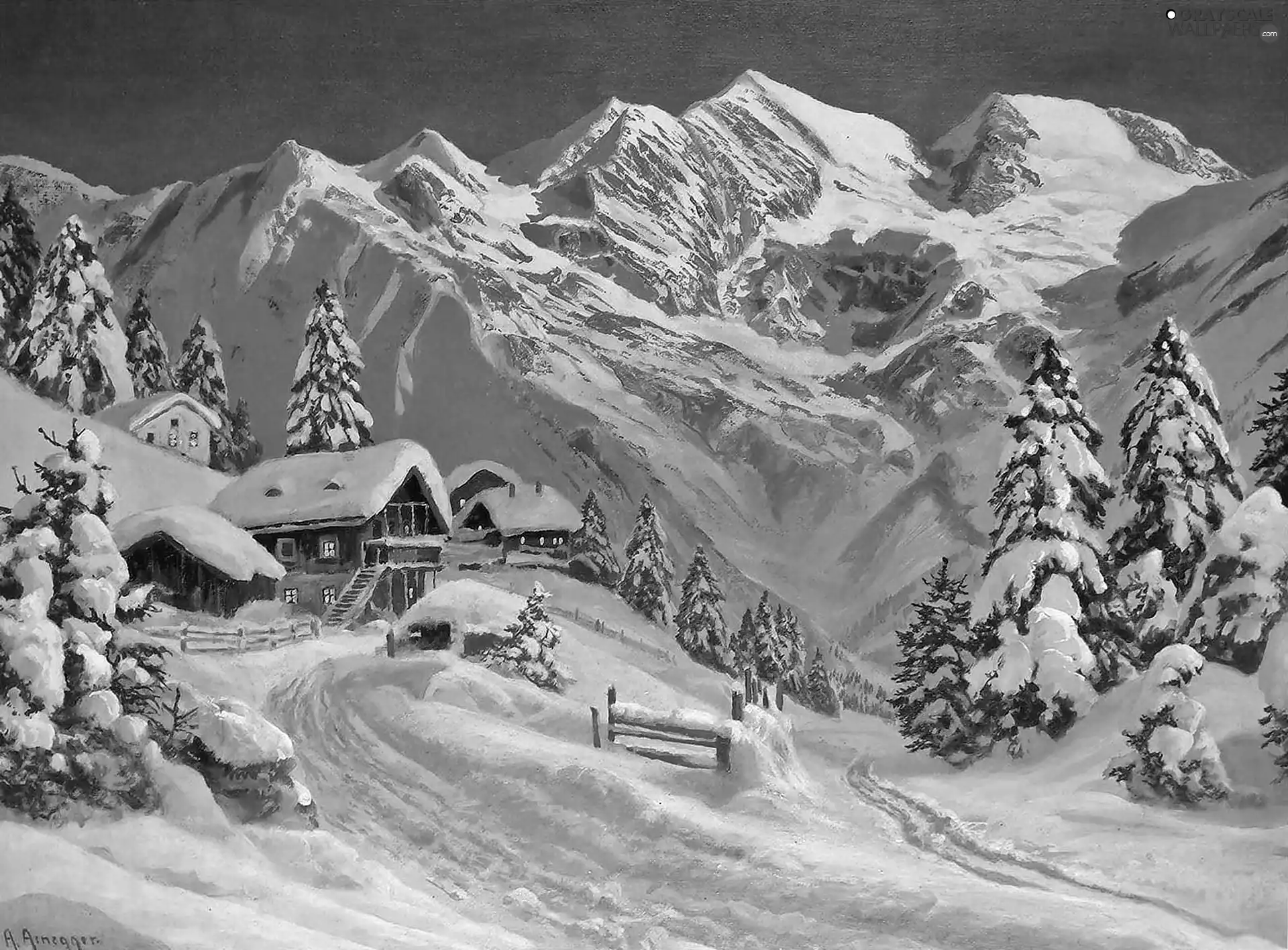 winter, Alois, Houses, Spruces, Mountains, Arnegger