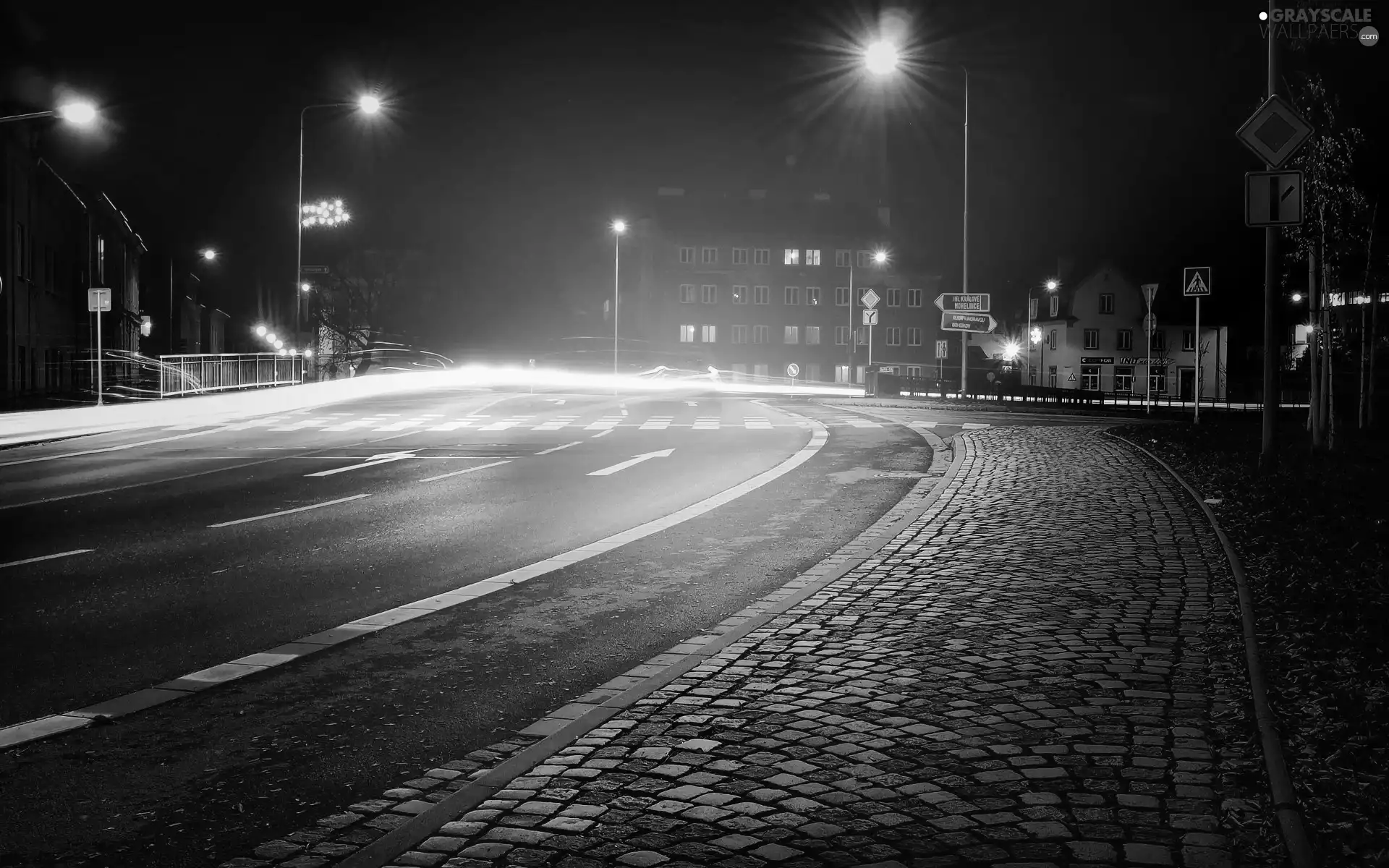 turn, Houses, glamour, lanterns, Night, Pavement, Street, Street