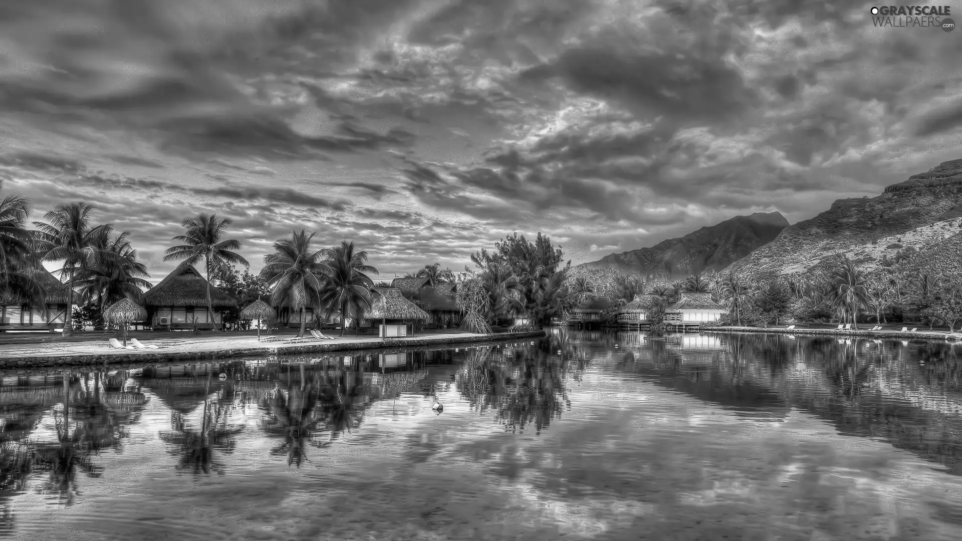 Houses, water, Mountains, Palms, clouds