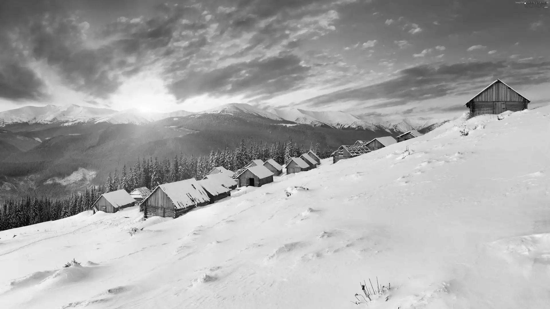 Mountains, west, Houses, winter, forest, sun