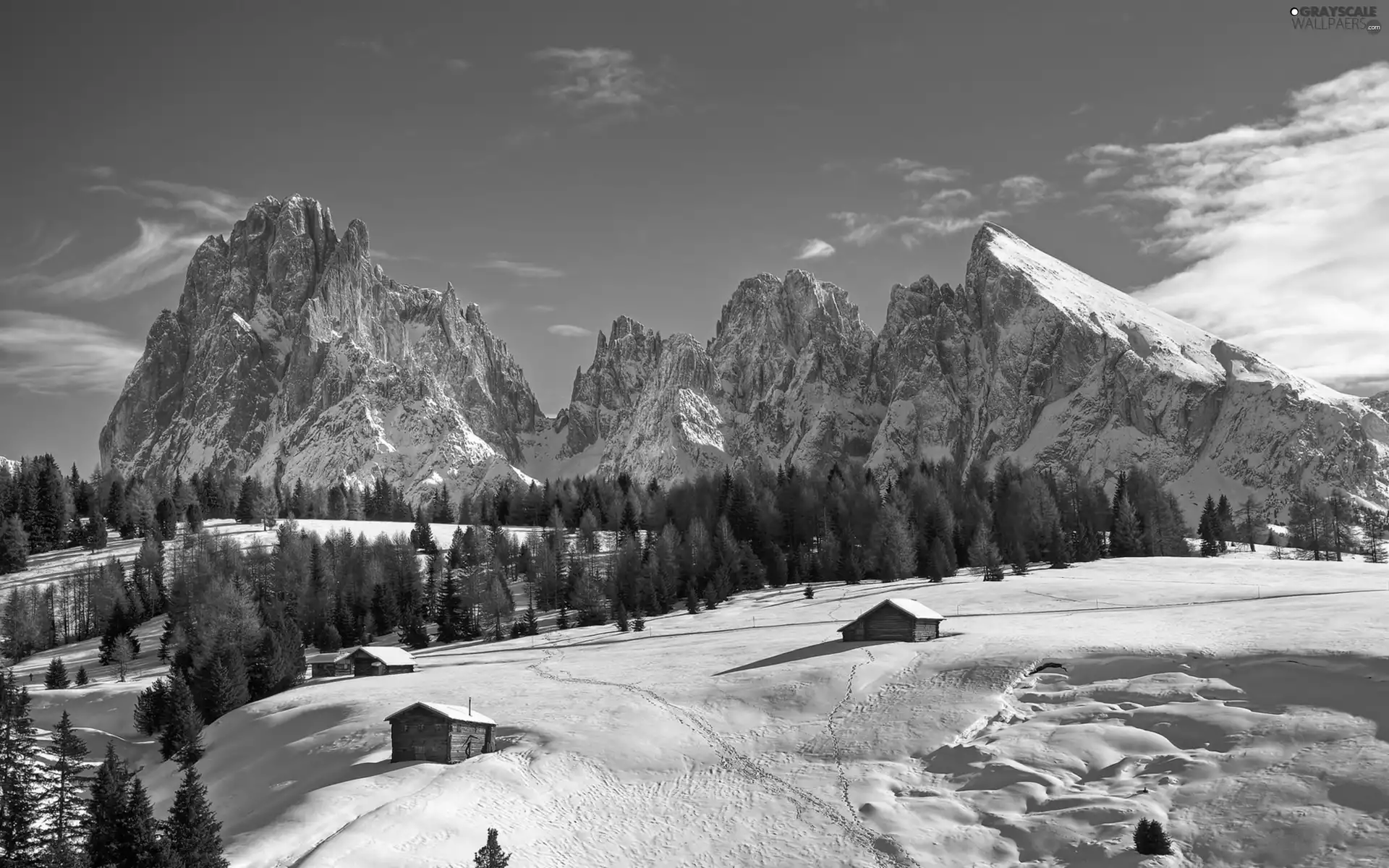 Houses, winter, trees, viewes, Mountains