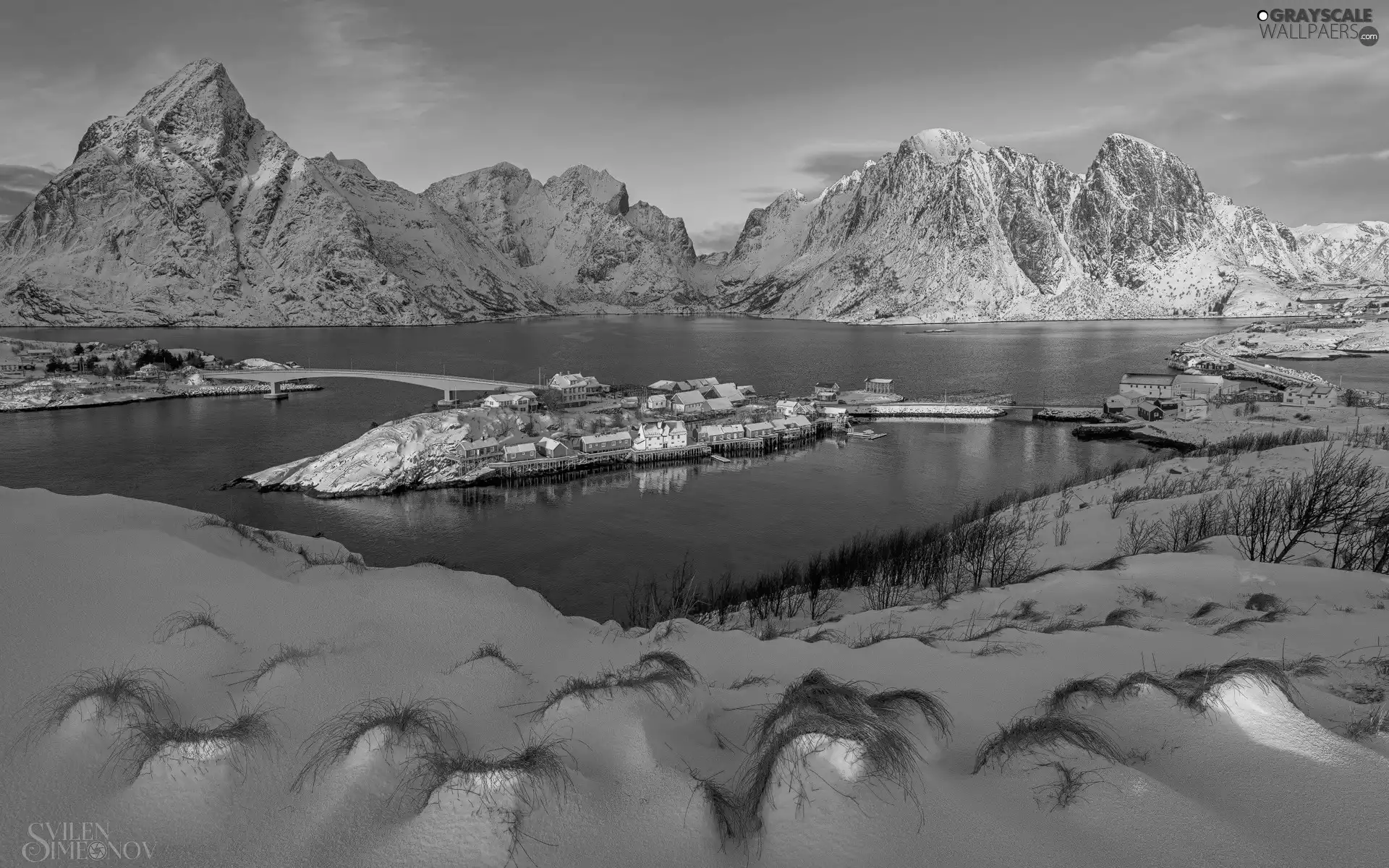 Houses, Snowy, Lofoten, Mountains, sea, Village Hamnøy, Norway