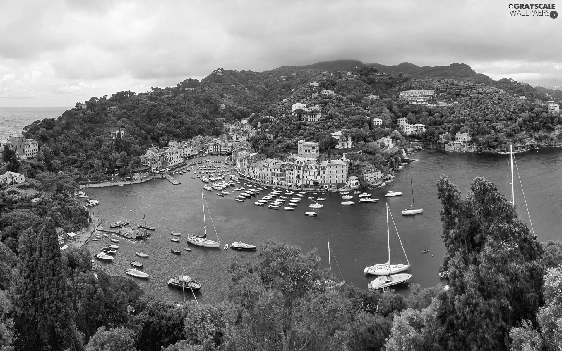 Houses, Yachts, sea, Gulf, Mountains