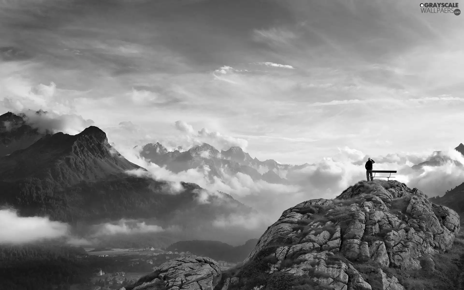 Mountains, Bench, Human, clouds