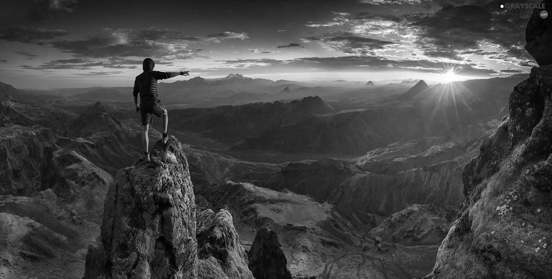 Human, rocks, sun, Mountains, west