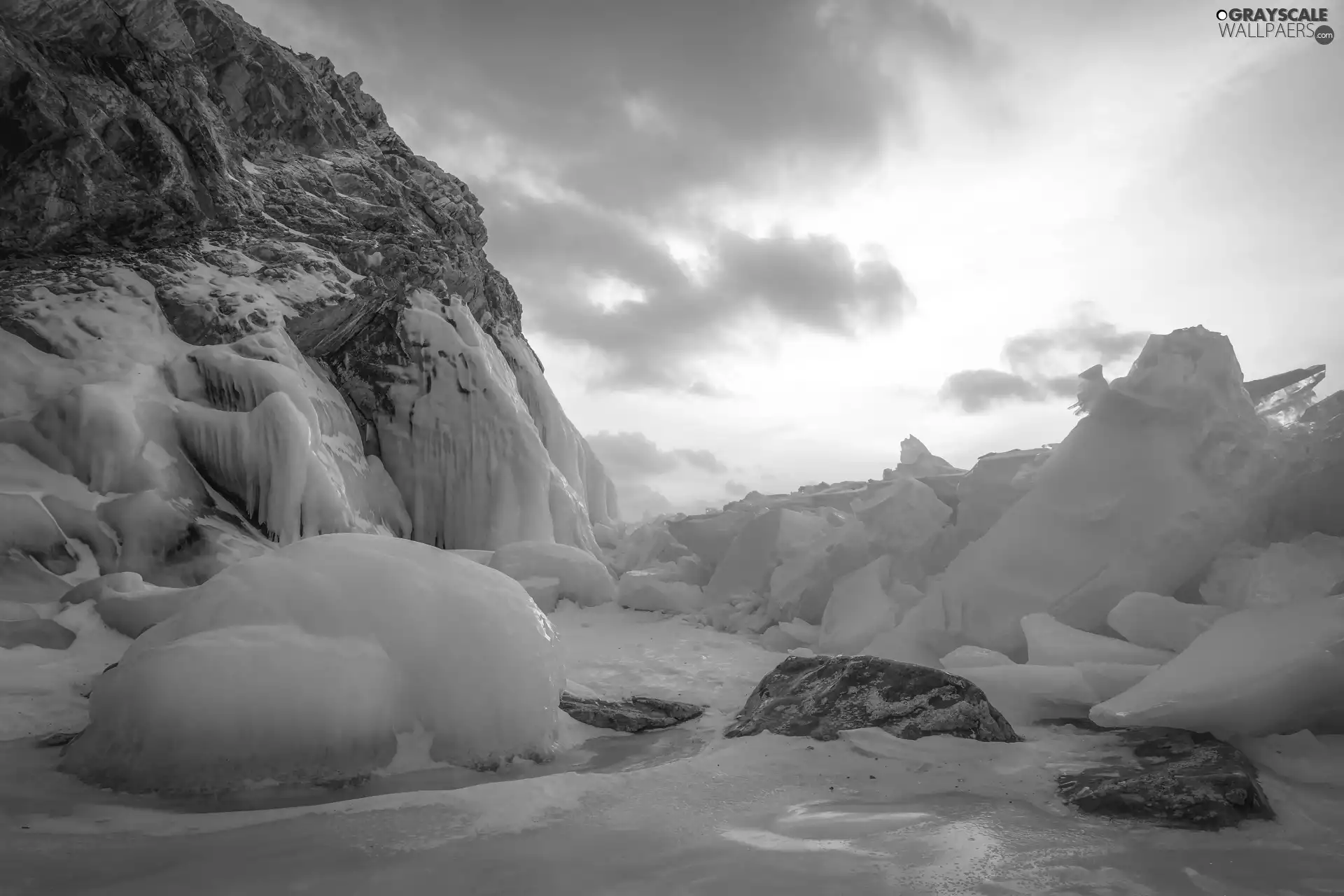 Rocks, winter, Elenka Island, Russia, Baikal Lake, Icecream