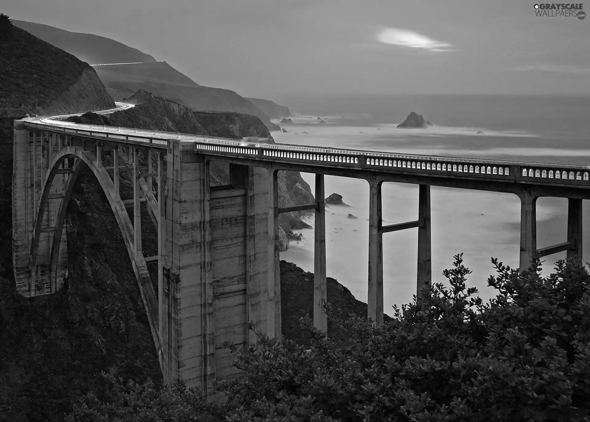 bridge, illuminated, blur, Way, viewes, sea, Mountains, trees