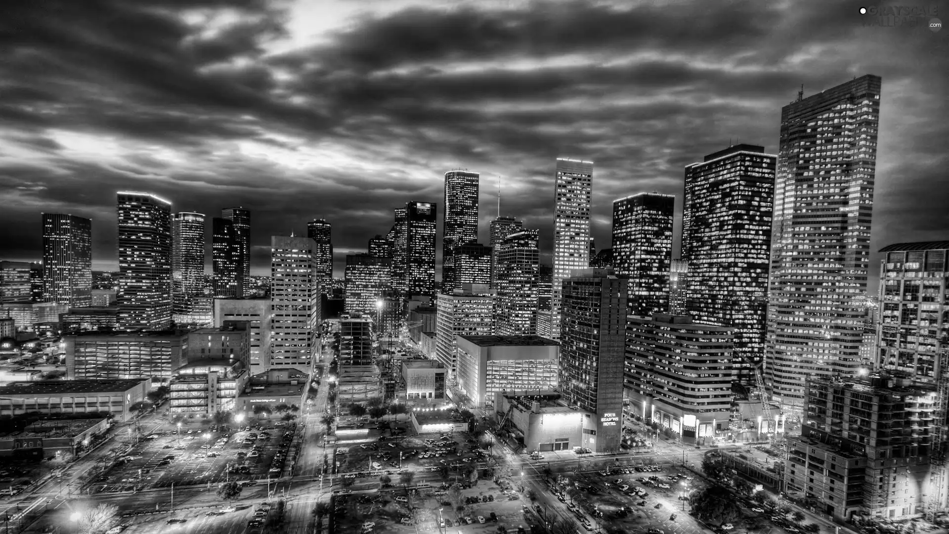 illuminated, Town, clouds, Night, skyscrapers