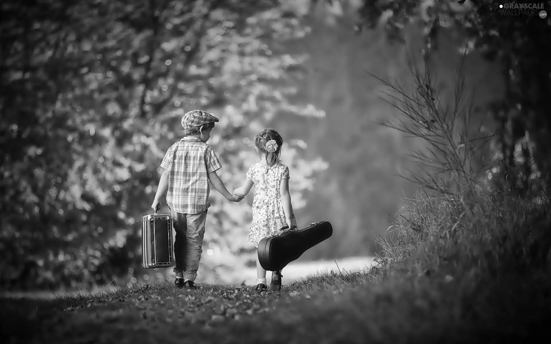 forest, boy, instruments, music, Way, girl