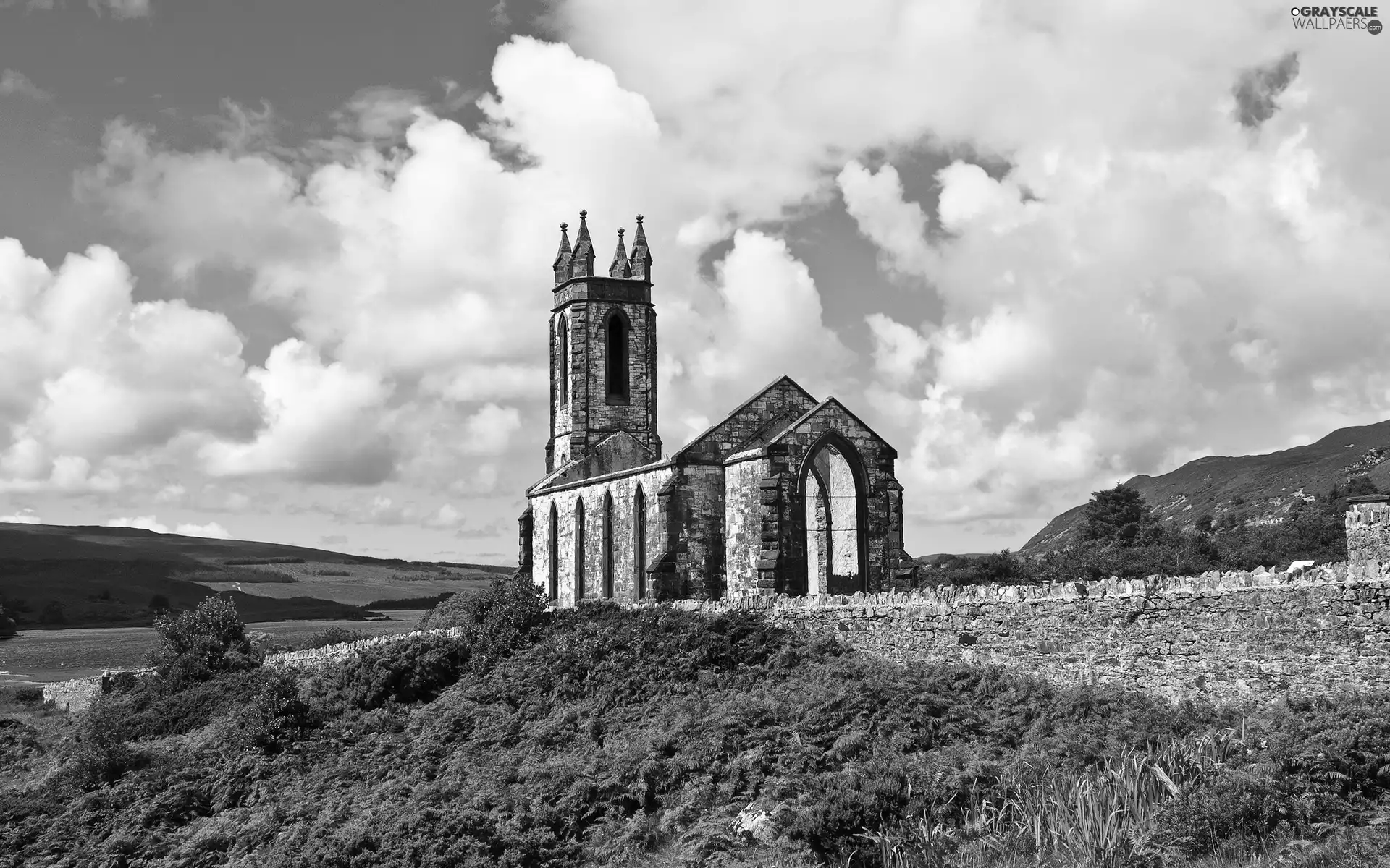 Church, clouds, Ireland, White