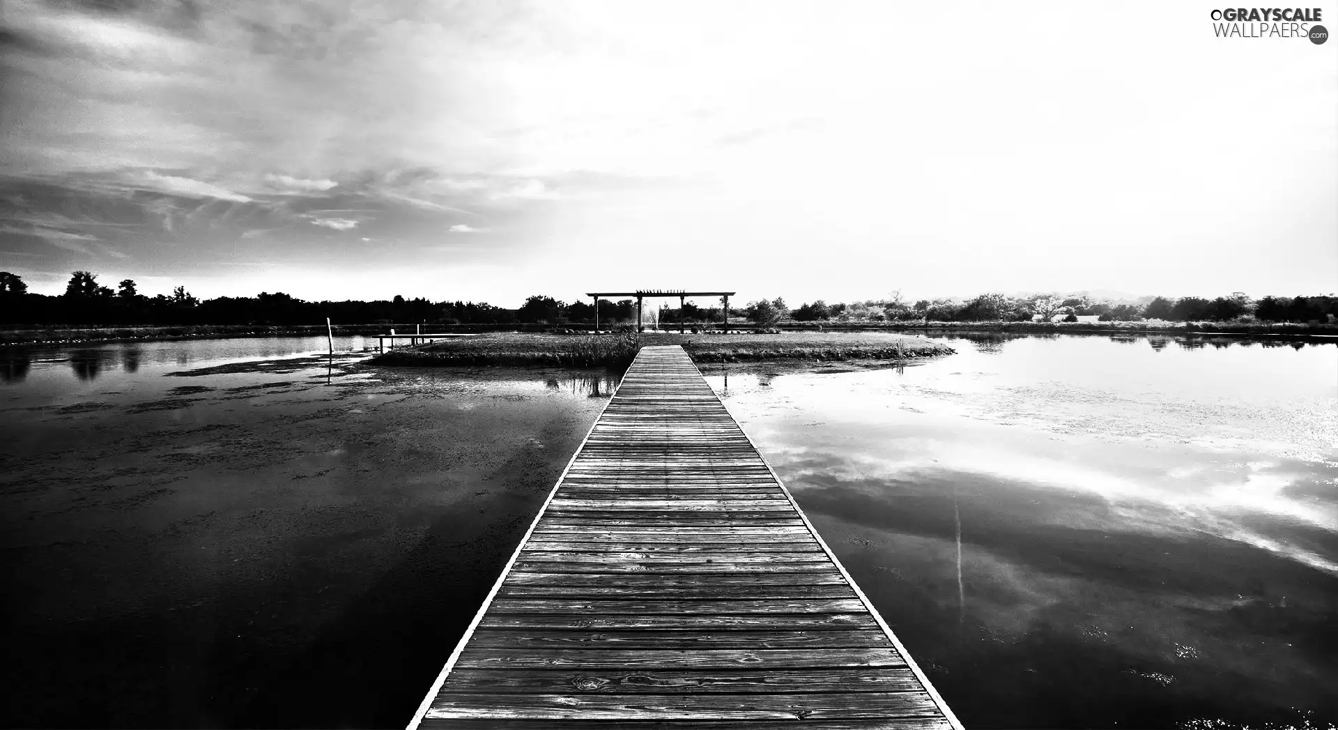 Islet, lake, footbridge