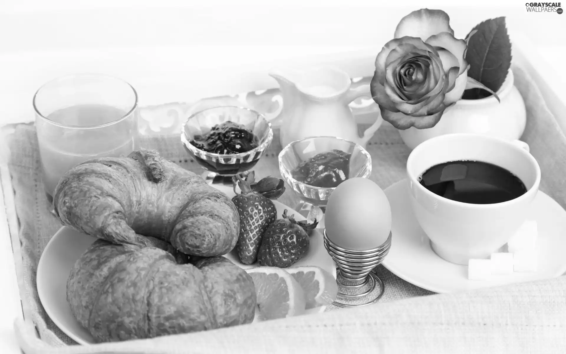 Jam, breakfast, egg, coffee, croissants