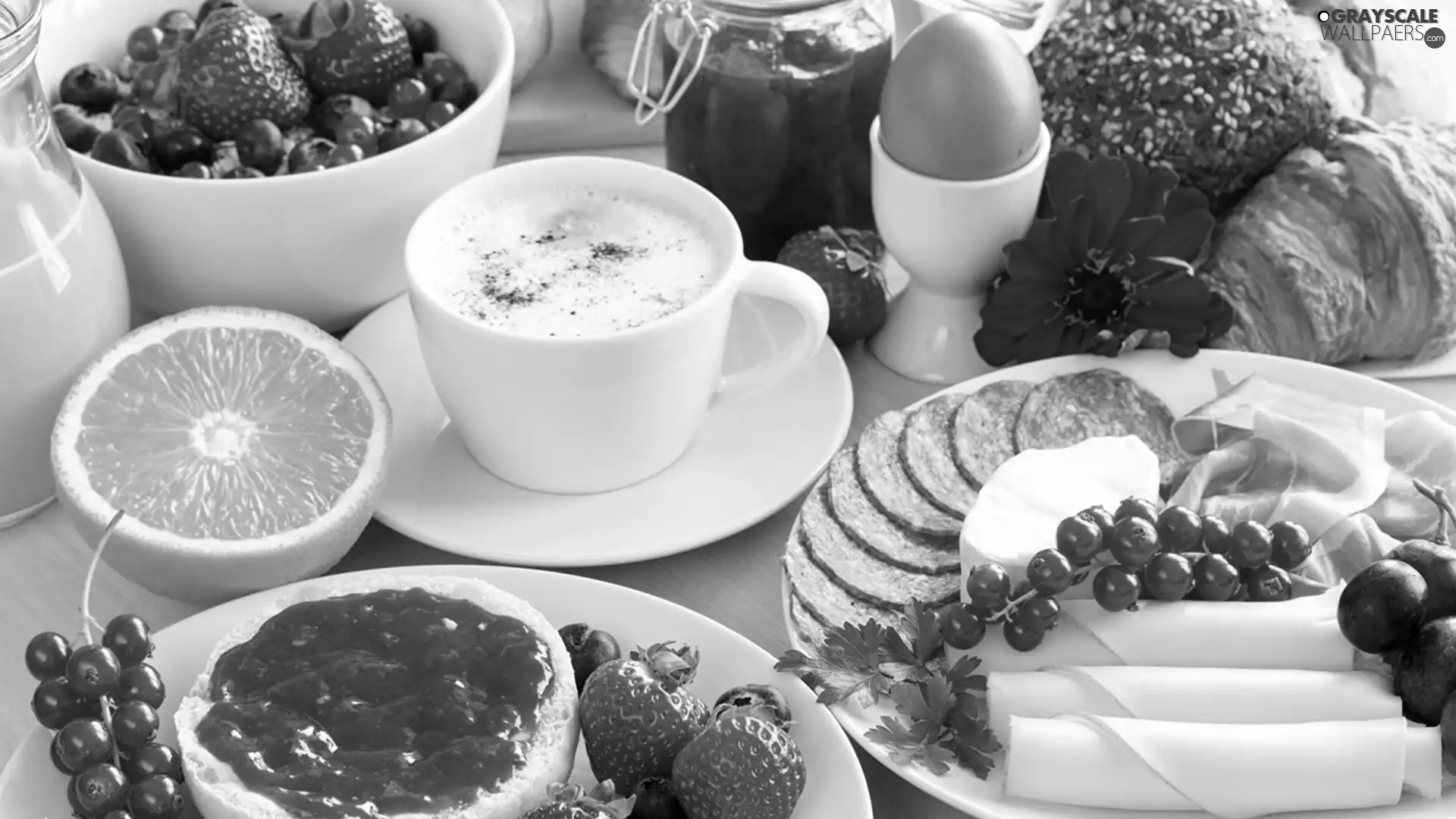 Jam, coffee, sausage, bread, Fruits, breakfast, cheese, Plates, juice, egg