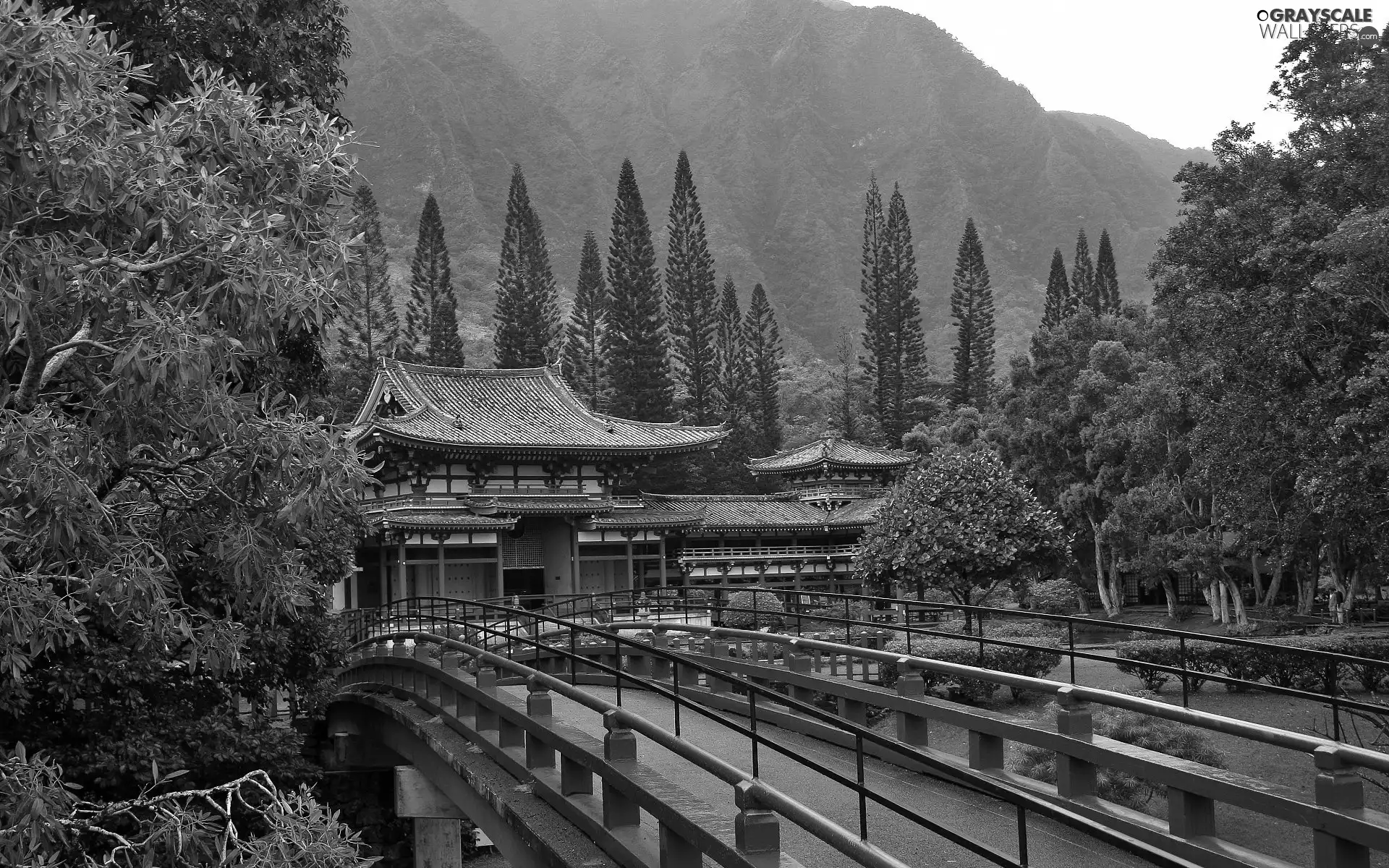 Mountains, temple, Japan, bridge