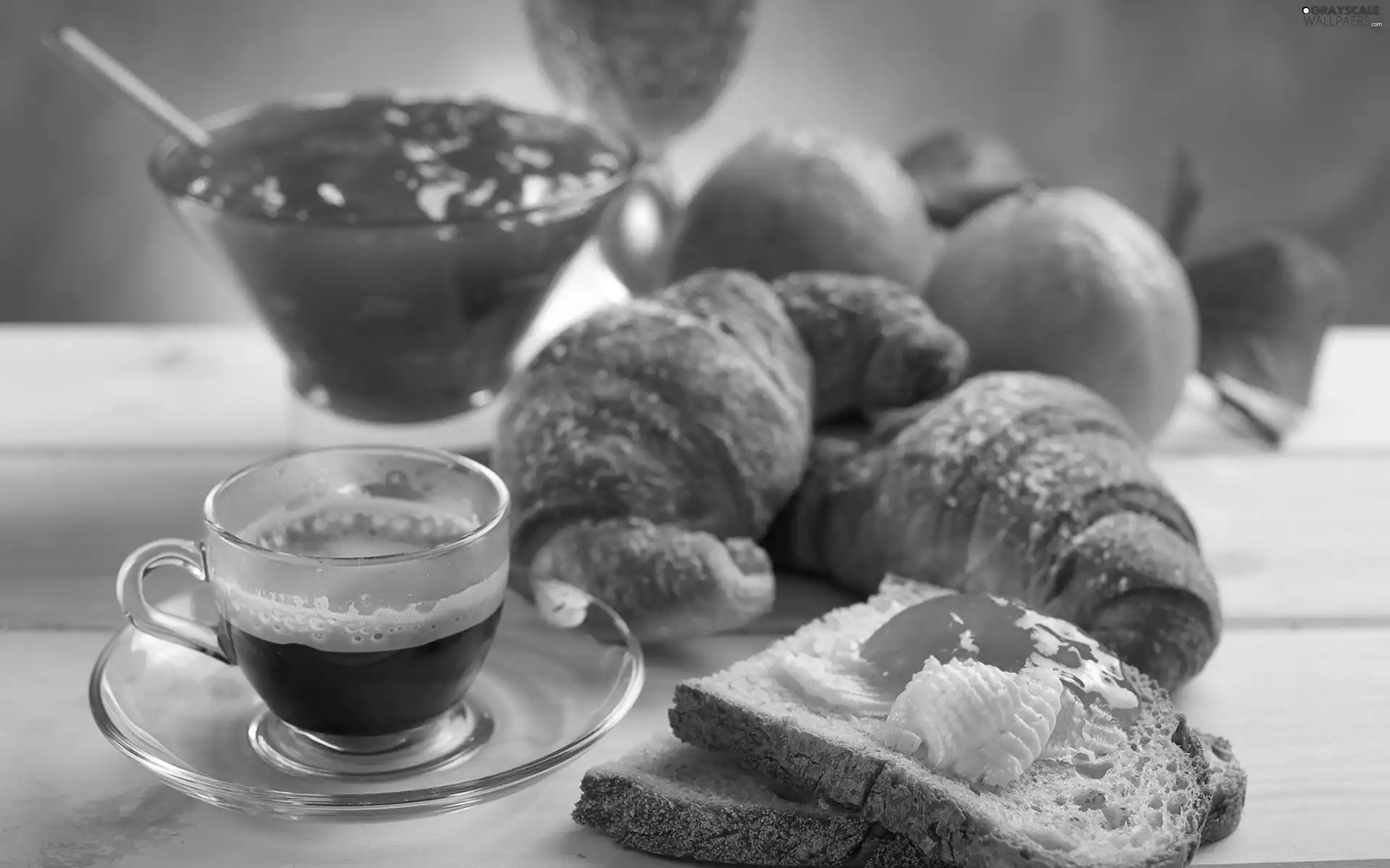 jelly, orange, bread, croissant, coffee