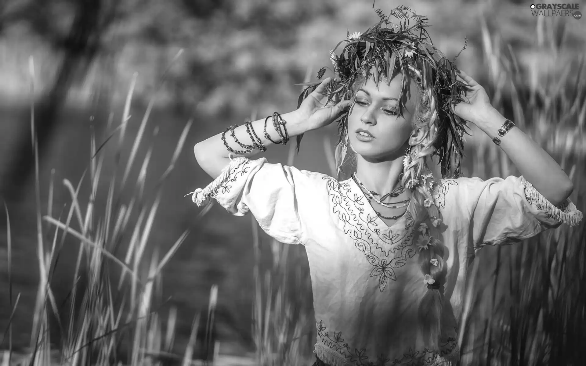 wreath, Women, jewellery, grass, daisies, pigtail