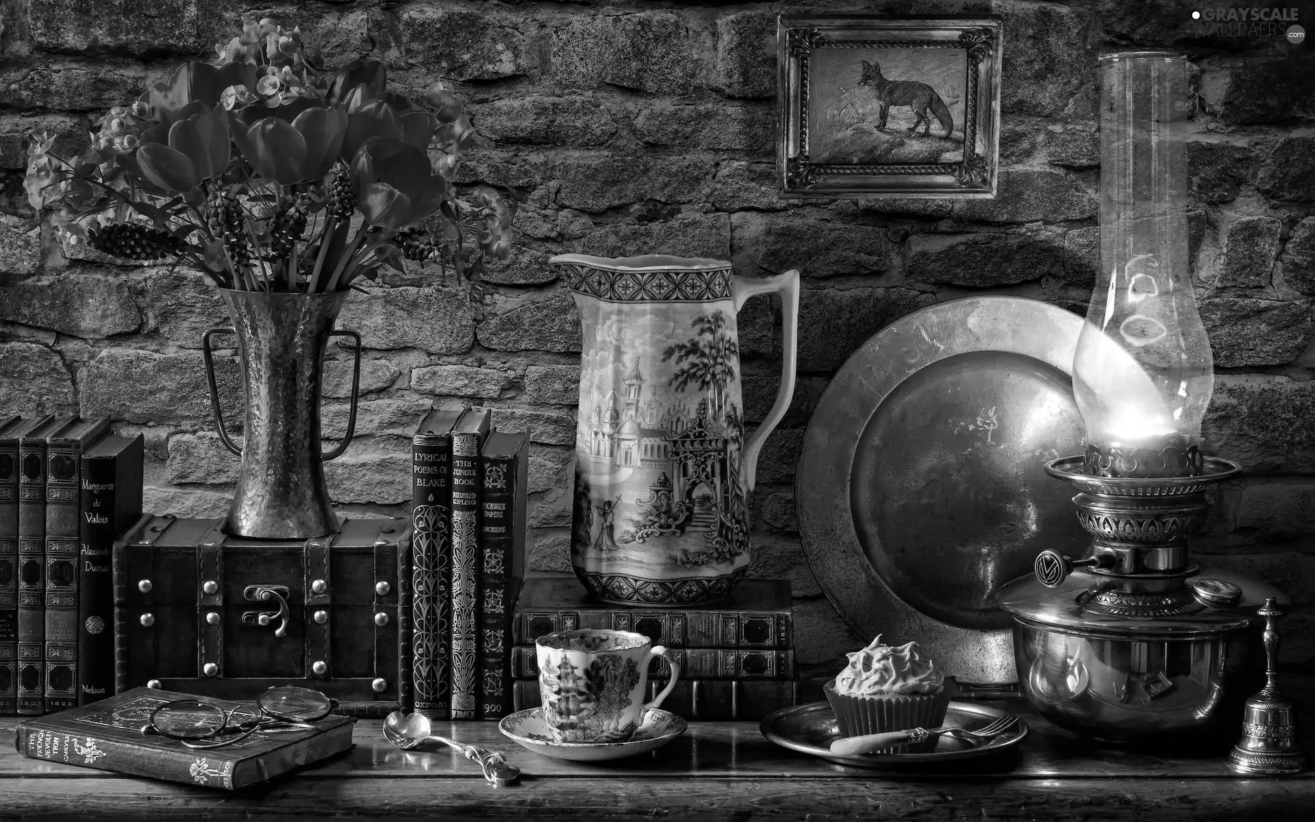 Books, Tulips, Glasses, jug, composition, Lamp, cup