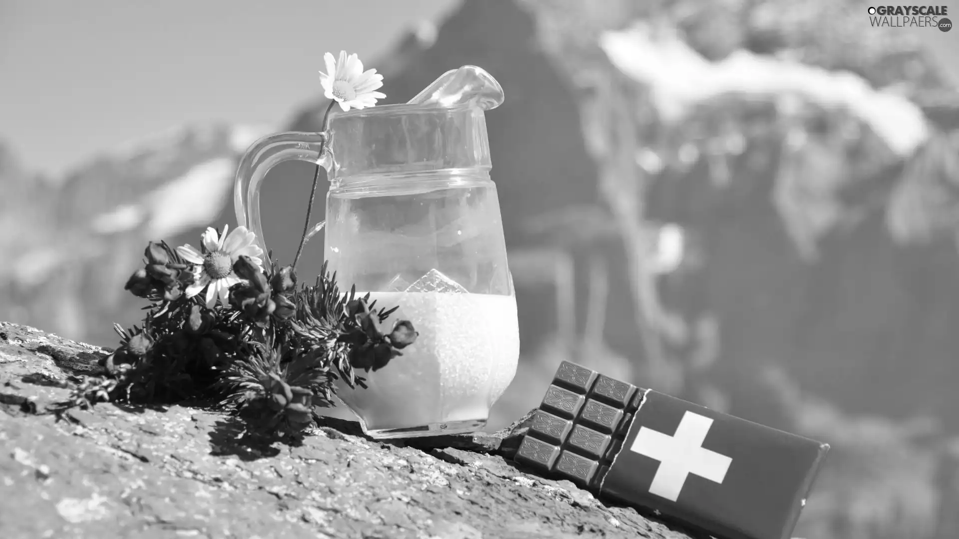 Mountains, chocolate, jug, Flowers