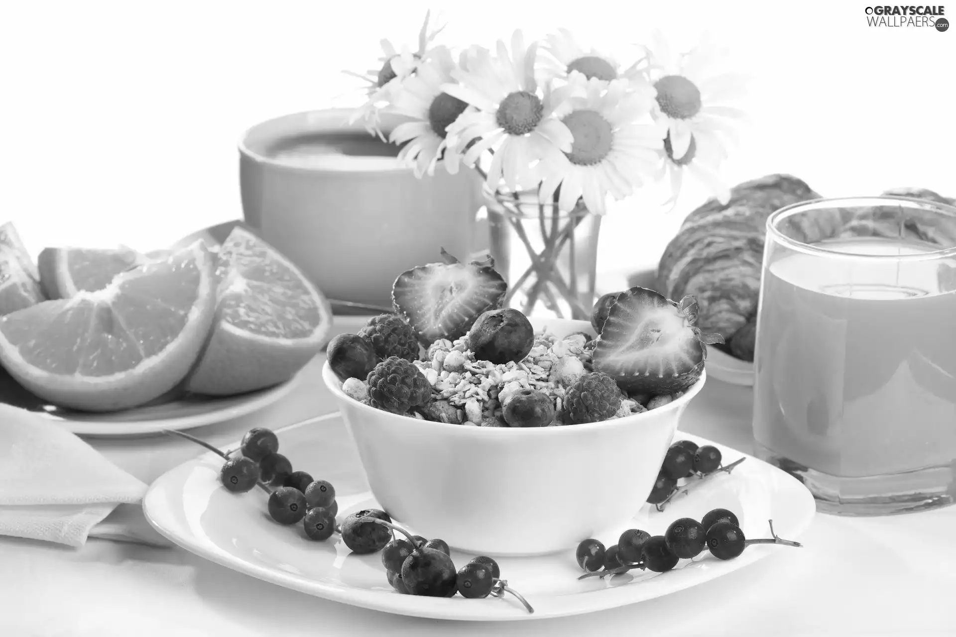 orange, Fruits, juice, cup, daisy, food, Flowers, bouquet, plate