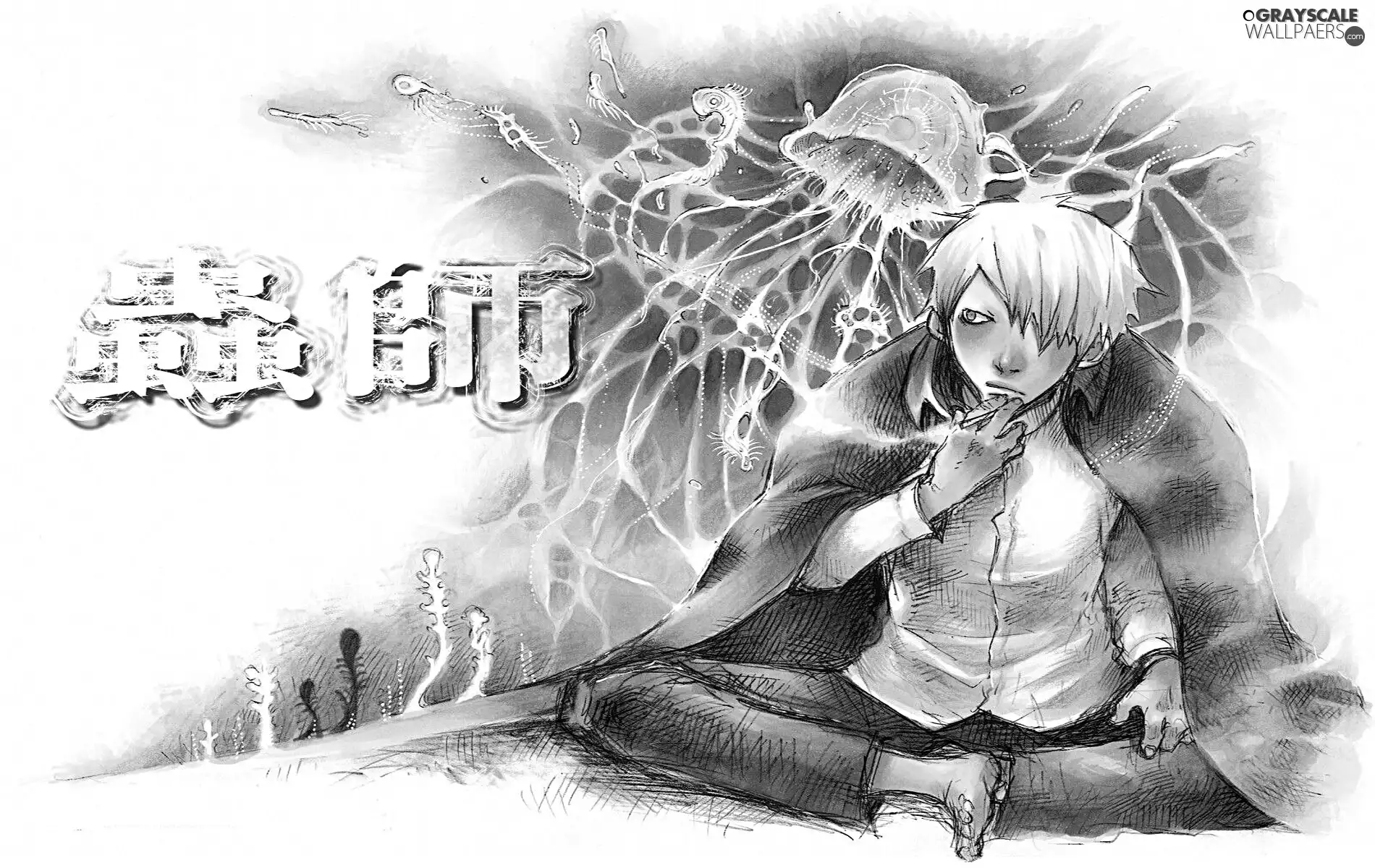 kanji, text, Anime, boy, Mushi Shi